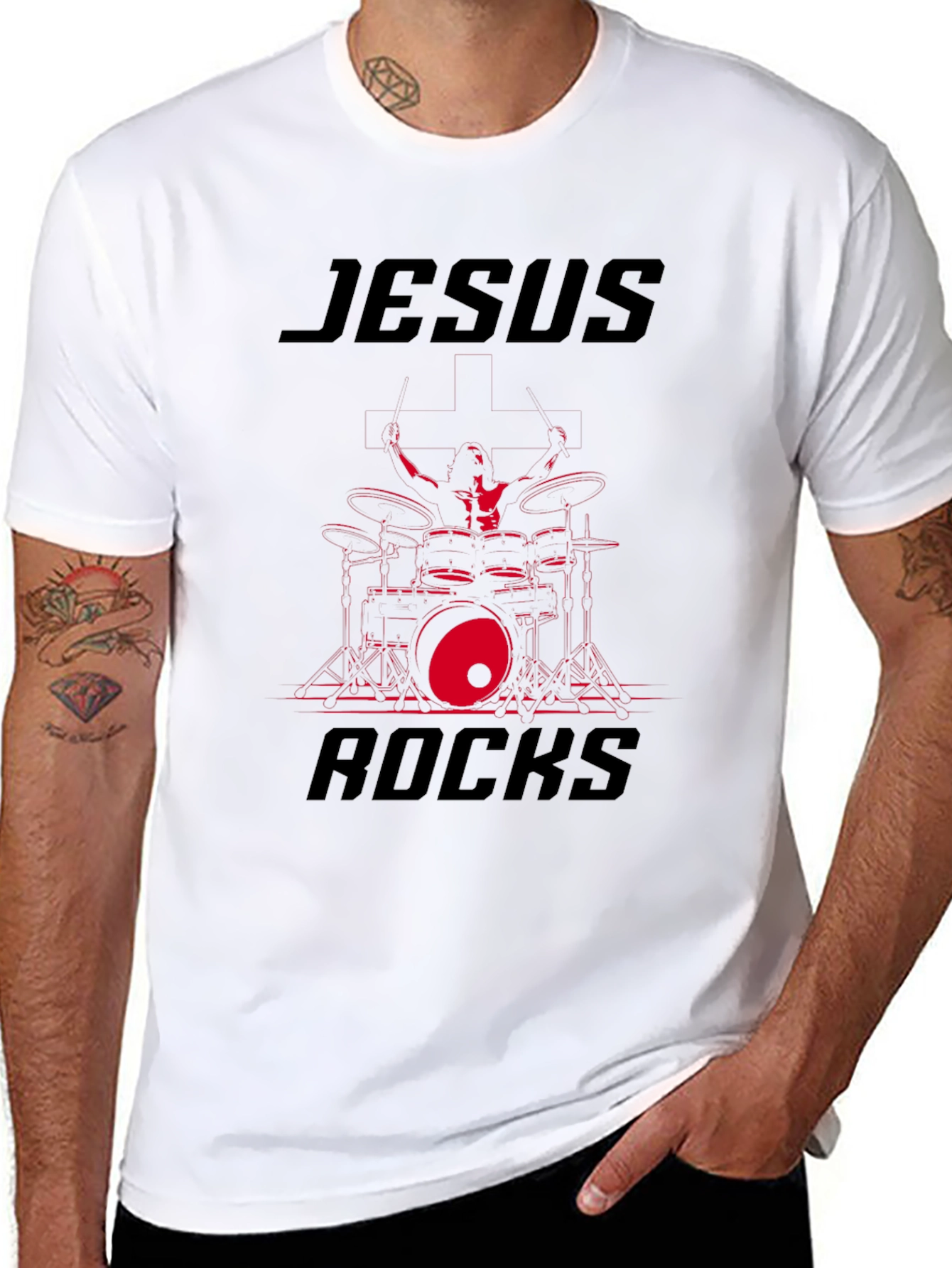 Jesus Rocks Drummer Graphic T-Shirt