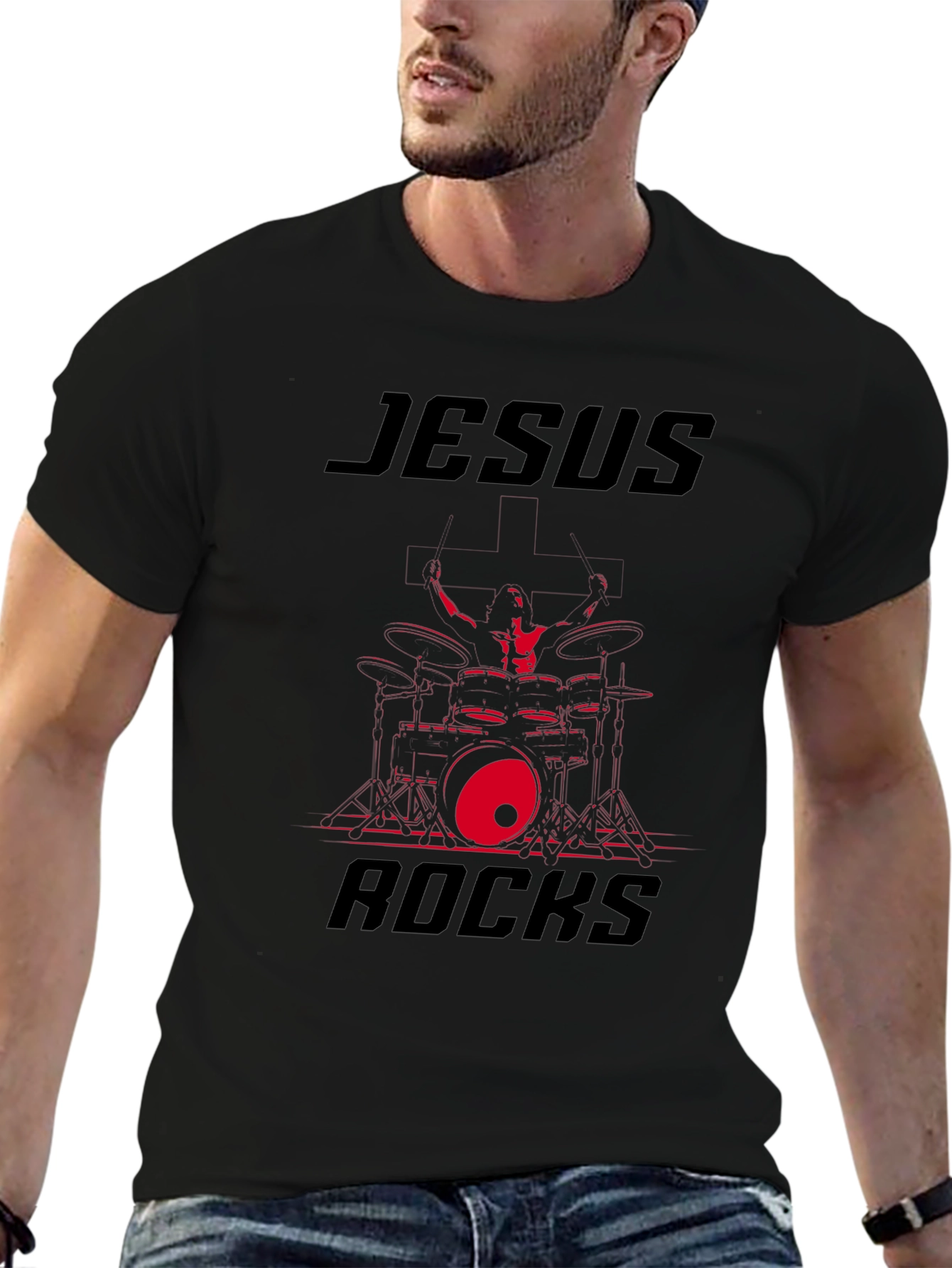 Jesus Rocks Drummer Graphic T-Shirt