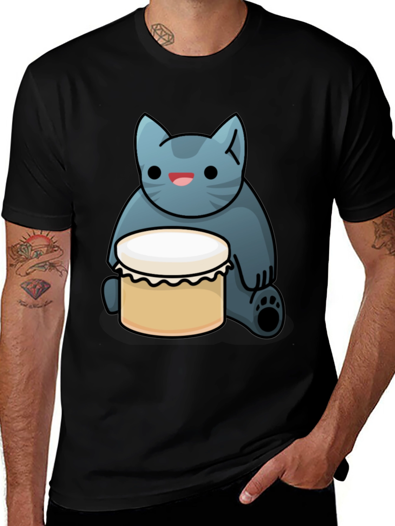 Cat Drum T-Shirt - Black Fun Graphic Tee
