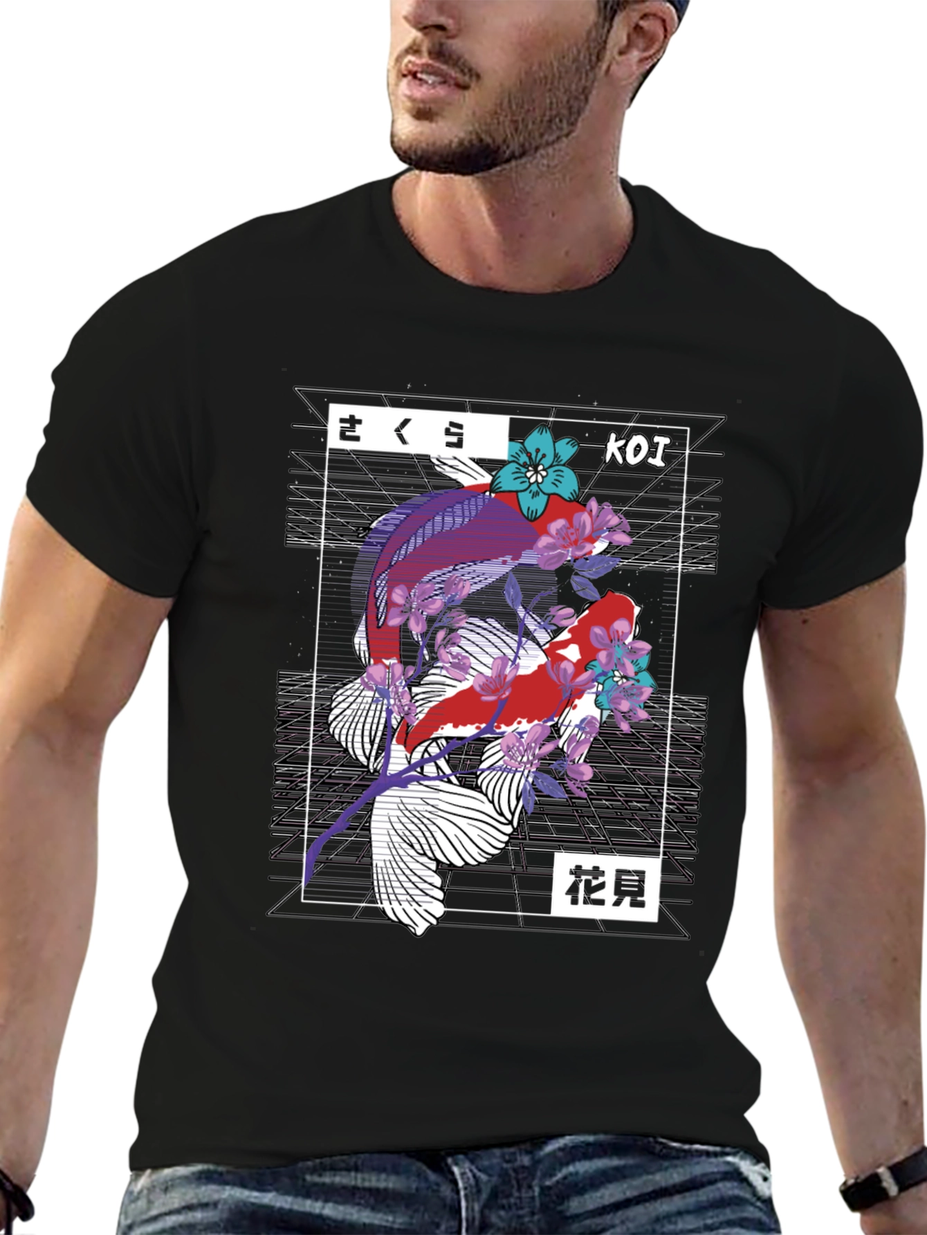 Koi Fish Graphic Print Black T-Shirt