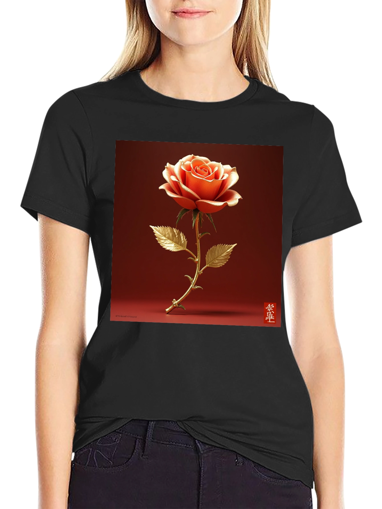 Elegant Rose Graphic Tee - Stylish Black T-Shirt