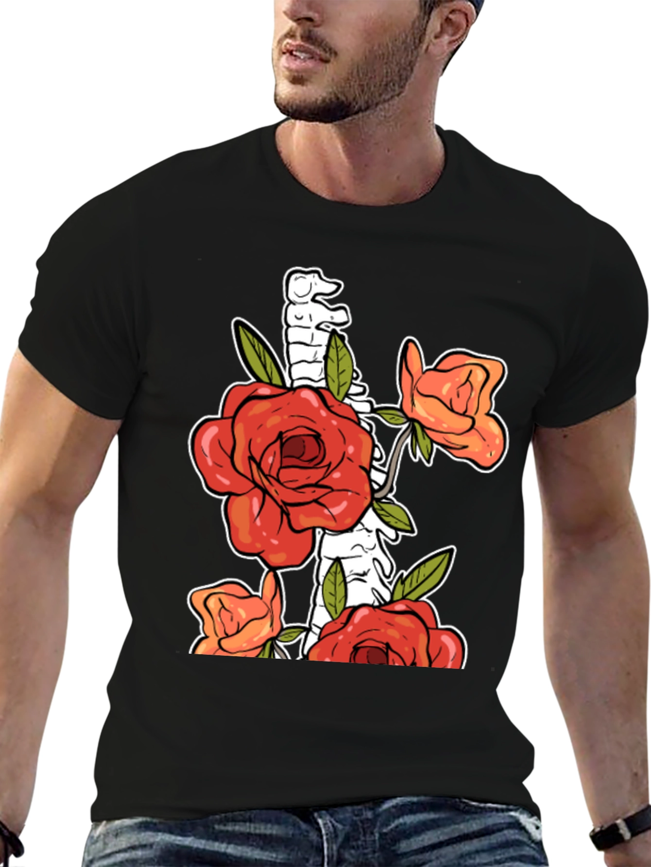 Floral Spine Graphic Tee - Unique Black T-Shirt