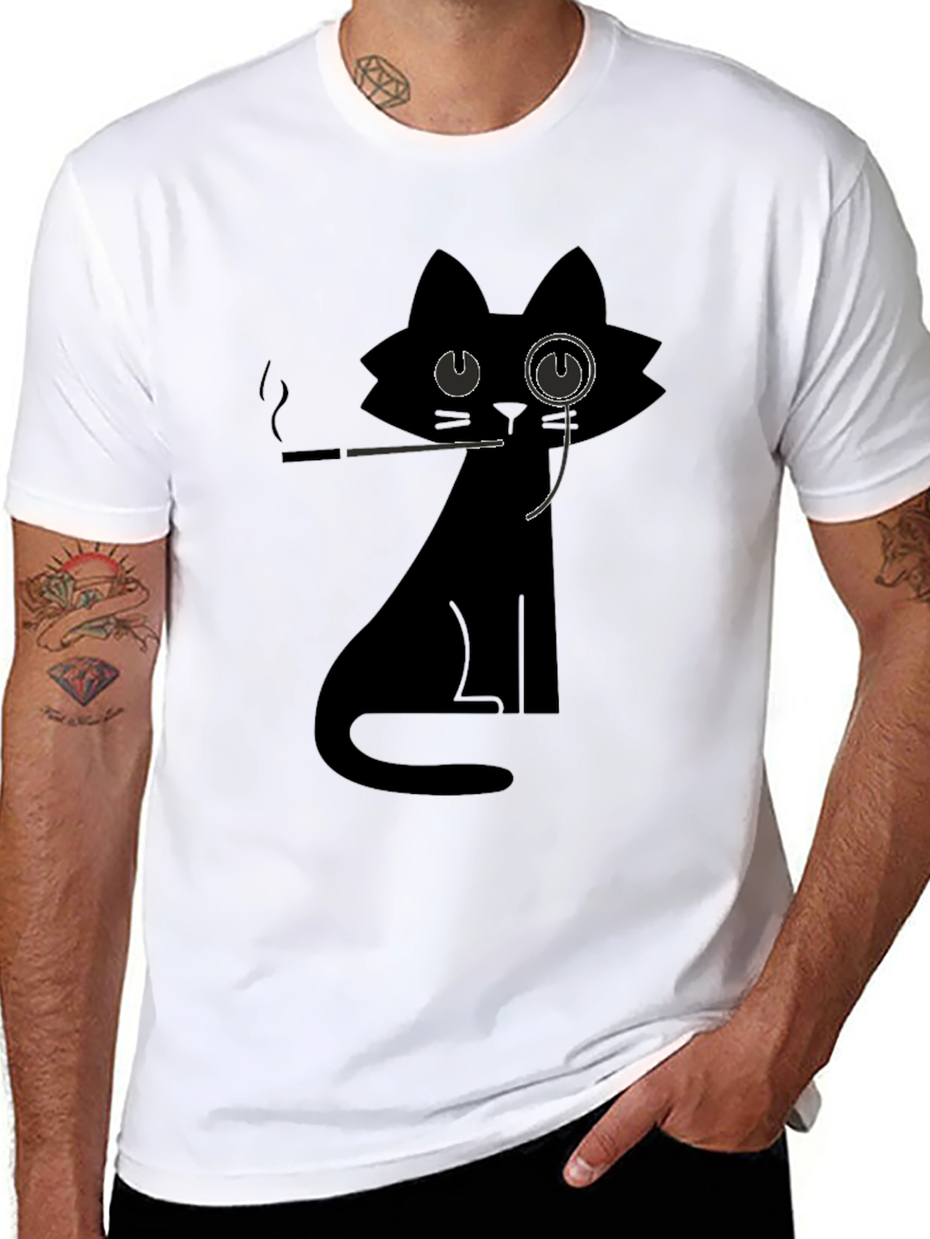 Dapper Cat T-Shirt - Black Monocle Smoking Design