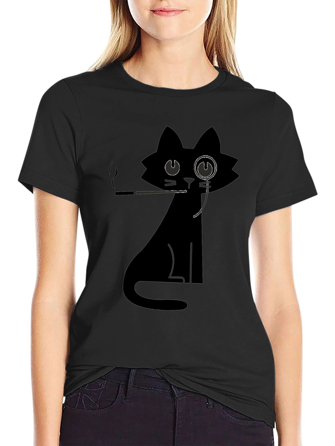 Dapper Cat T-Shirt - Black Monocle Smoking Design