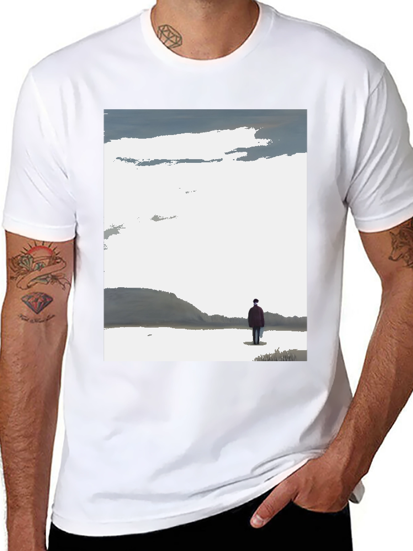 Contemplative Black T-Shirt with Landscape Print