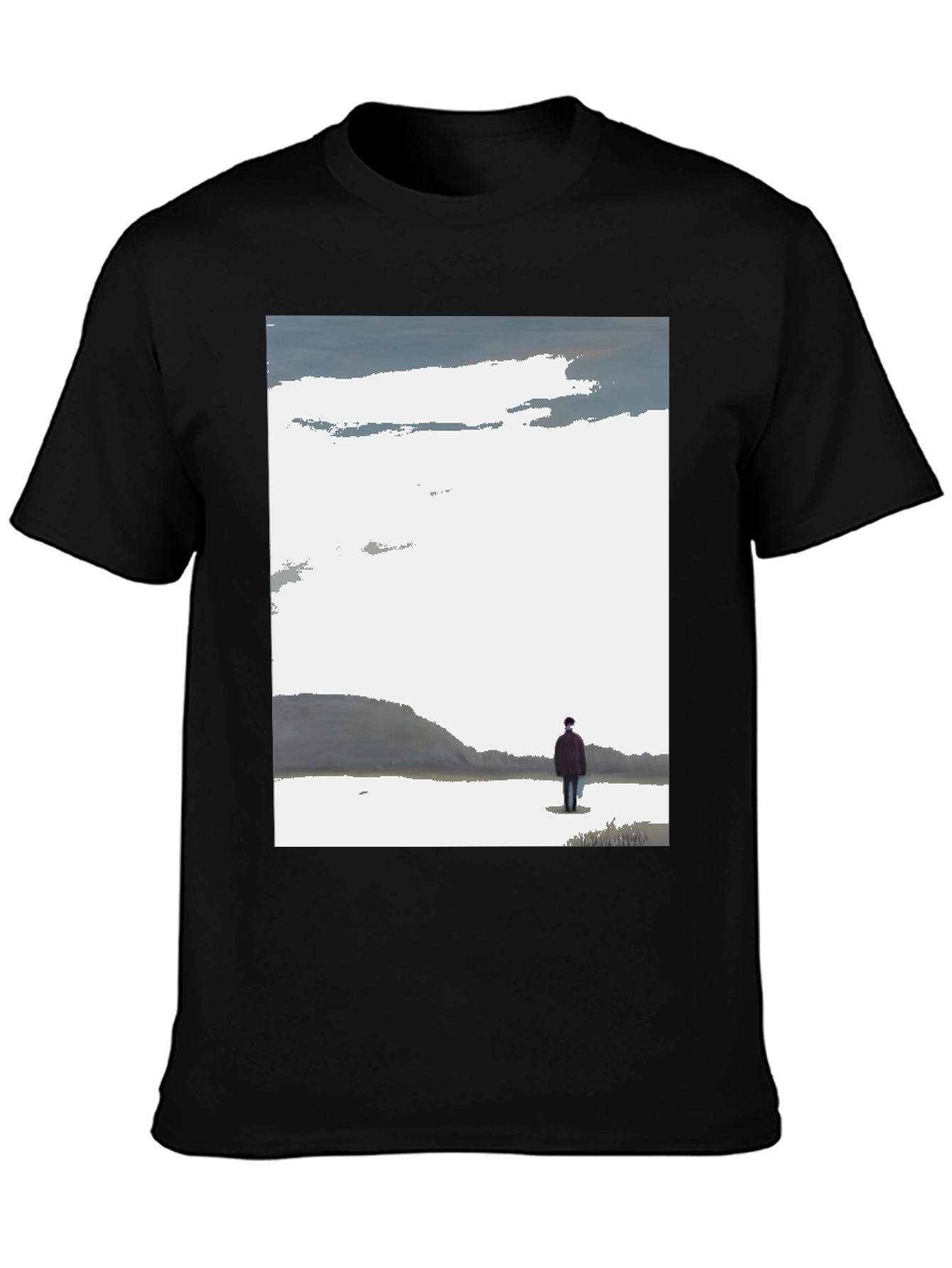 Contemplative Black T-Shirt with Landscape Print