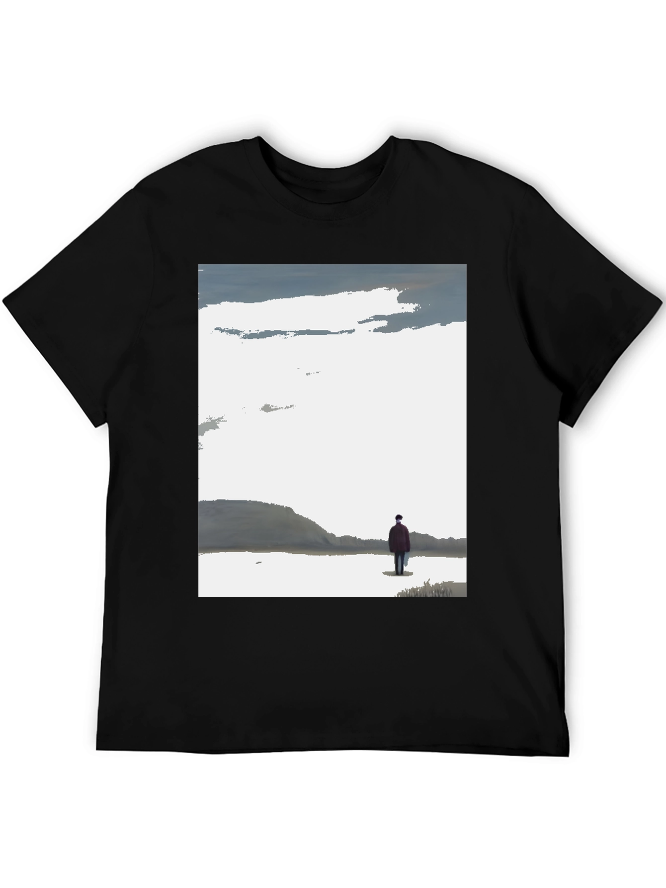 Contemplative Black T-Shirt with Landscape Print