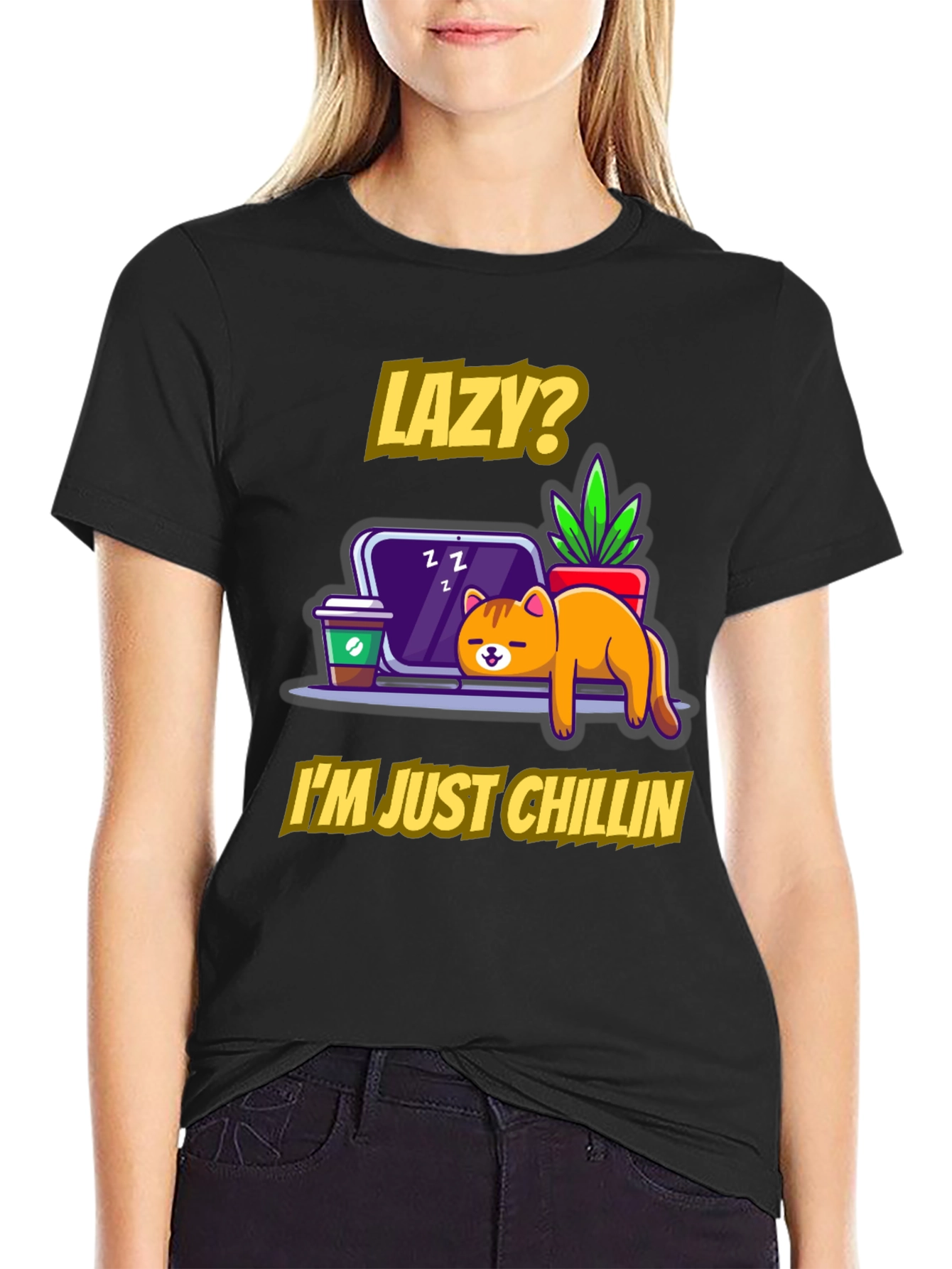 Lazy Chillin Cat Graphic Tee - Relaxed Fit