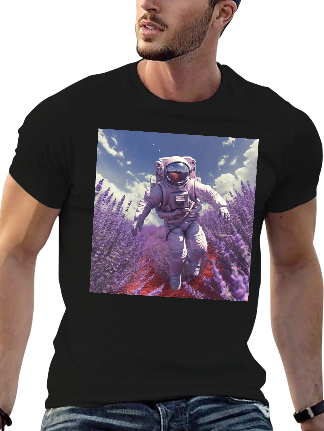 Astronaut Lavender Field T-Shirt - Unique Graphic Tee