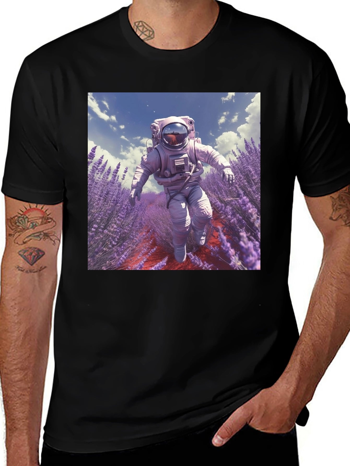 Astronaut Lavender Field T-Shirt - Unique Graphic Tee