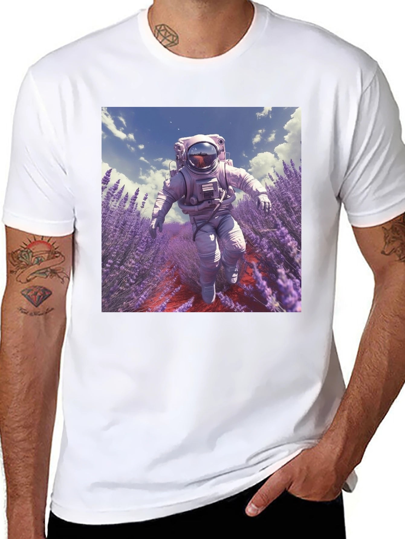 Astronaut Lavender Field T-Shirt - Unique Graphic Tee