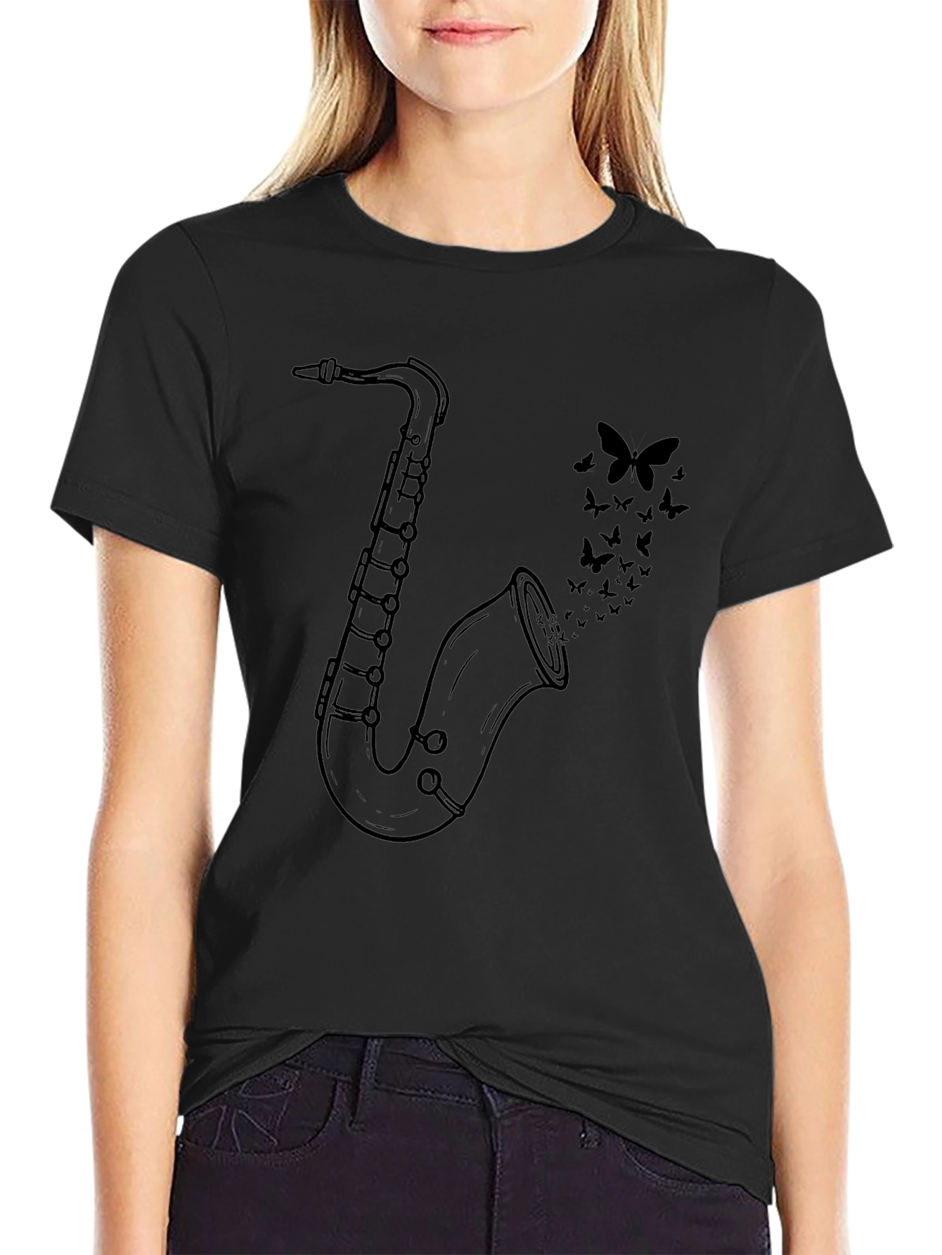 Saxophone & Butterflies Graphic Tee - Black