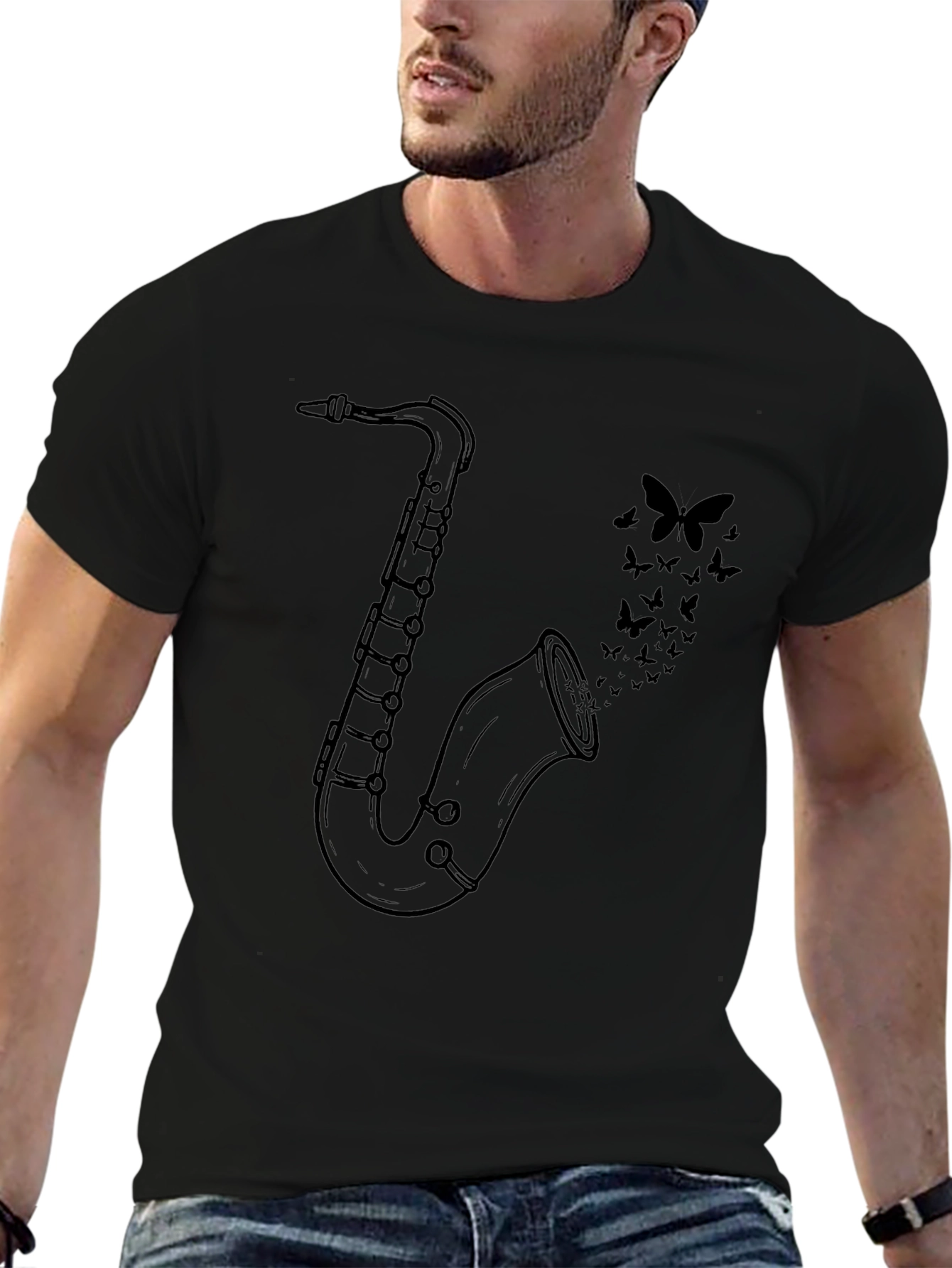 Saxophone & Butterflies Graphic Tee - Black