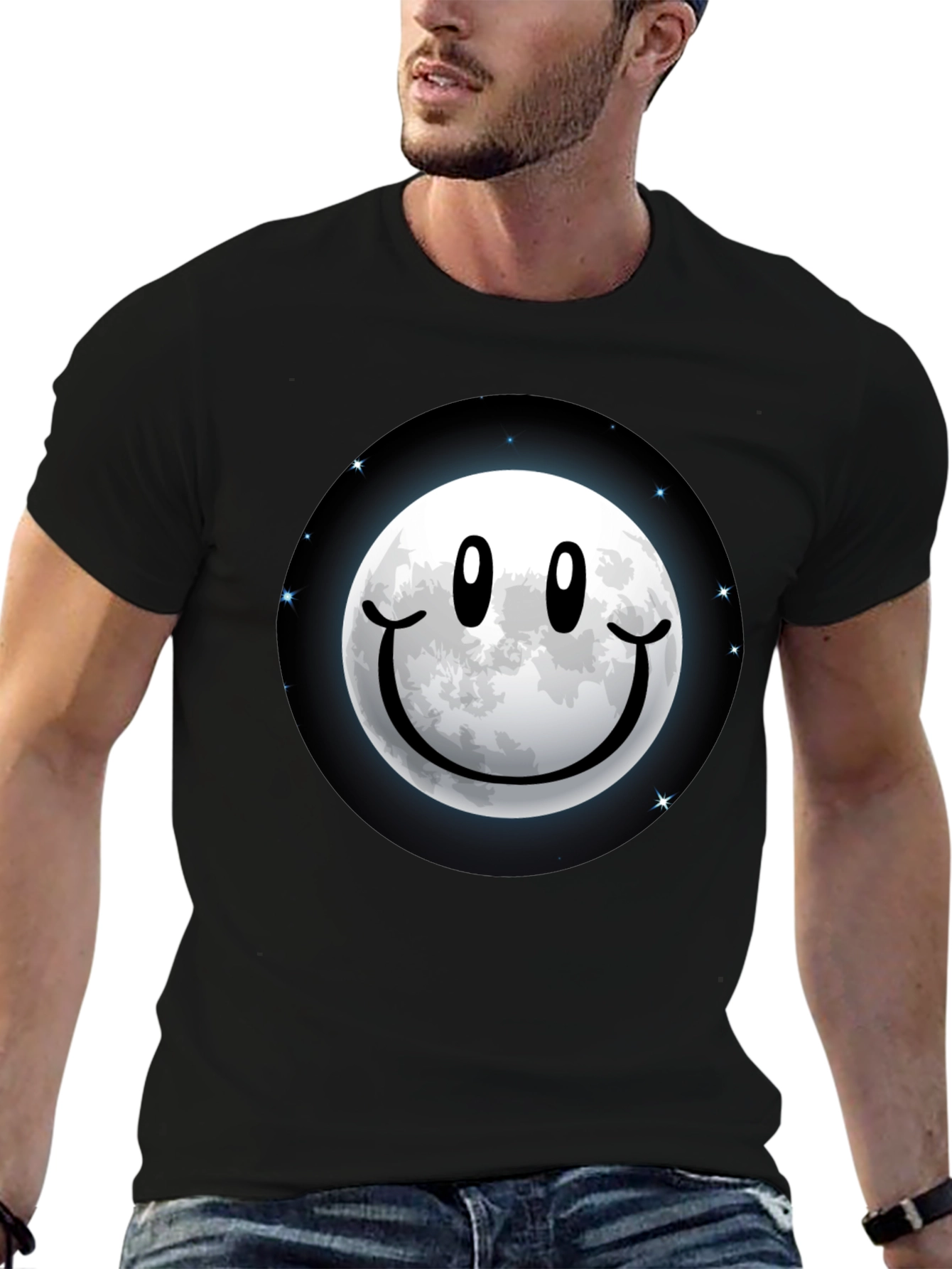 Moon Smile Graphic Tee - Black Cotton Comfort