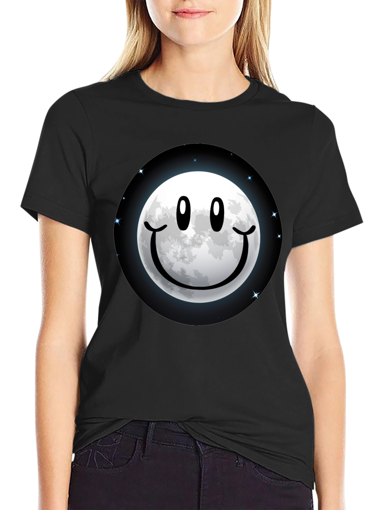 Moon Smile Graphic Tee - Black Cotton Comfort