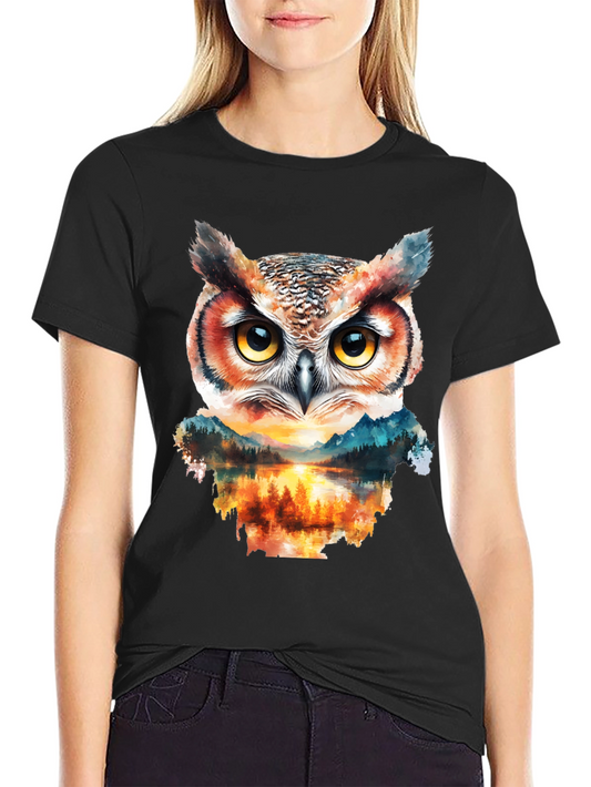 Owl & Forest Graphic Tee - Black Cotton Blend T-Shirt