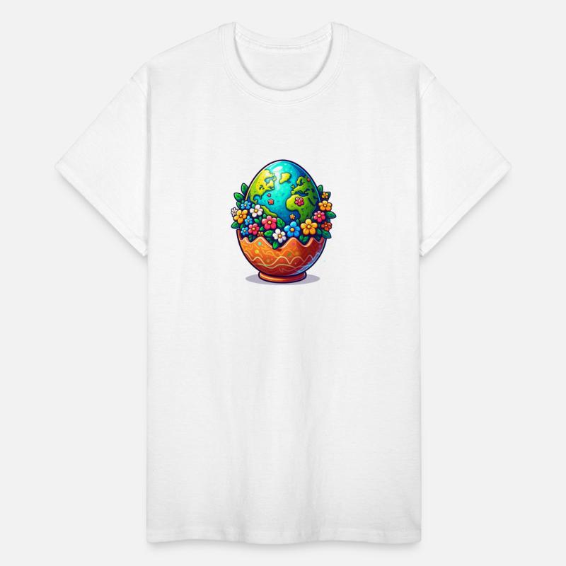 Earth in egg holder with flowers around