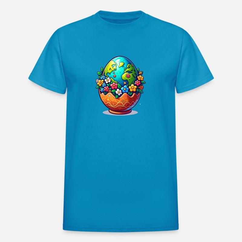 Earth in egg holder with flowers around