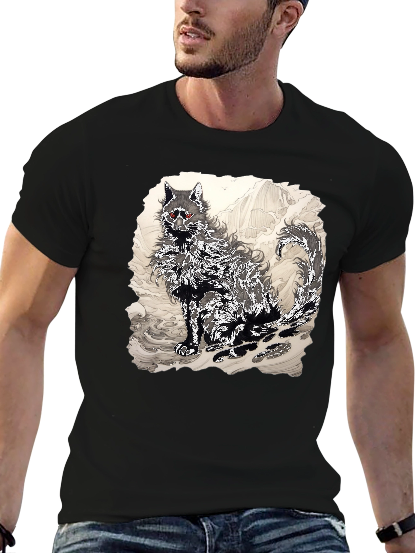 Black T-Shirt with Wolf Graphic