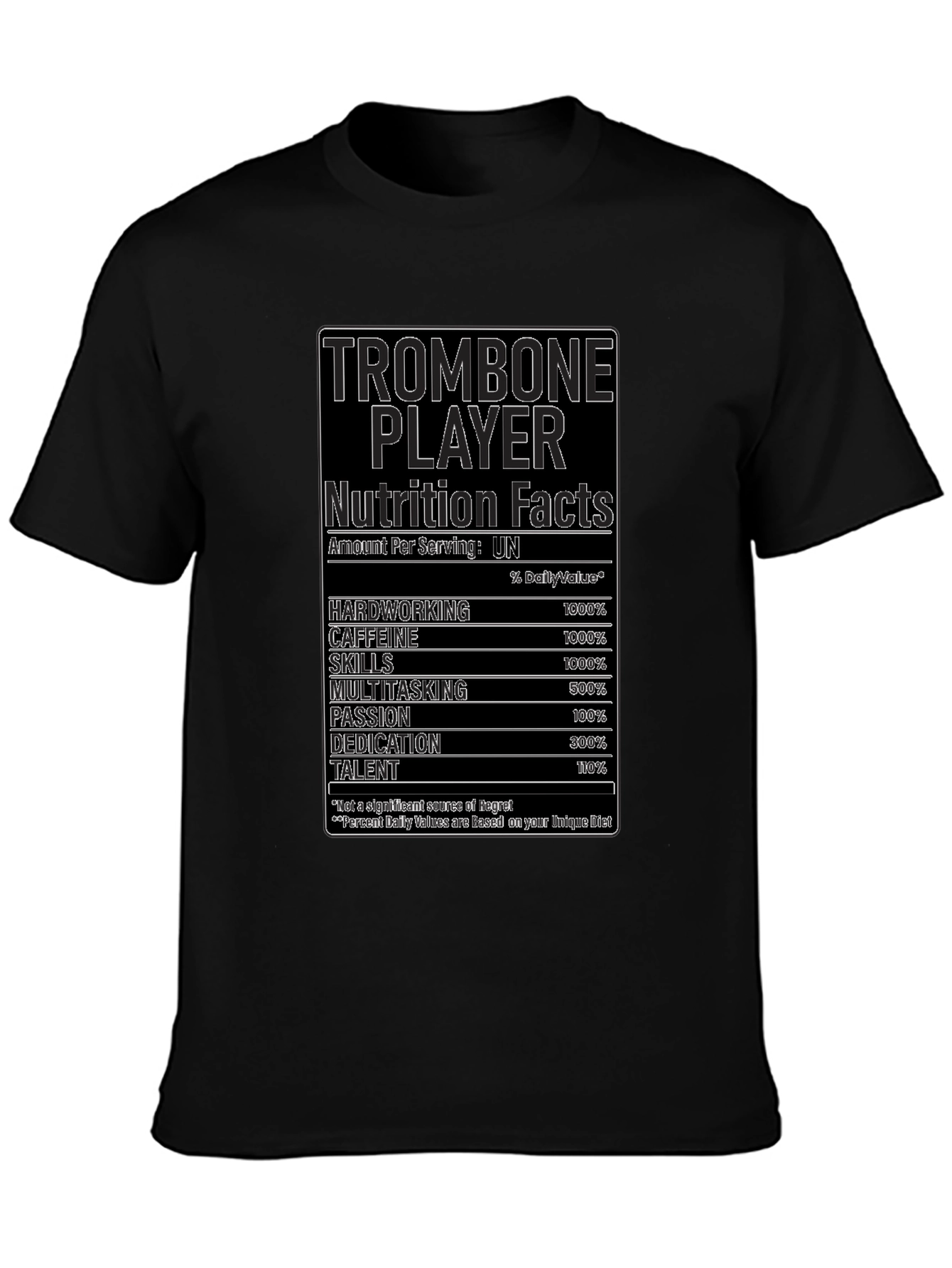 Trombone Player Nutrition Facts Black T-Shirt