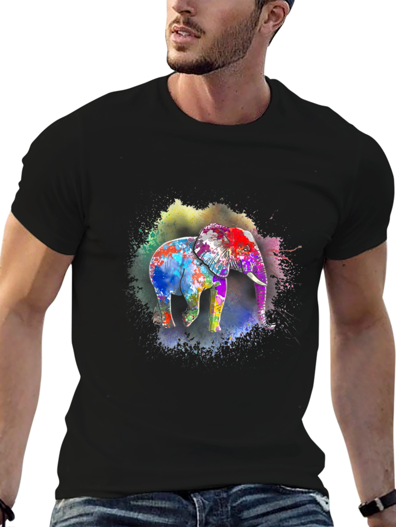 Vibrant Elephant Print Black T-Shirt