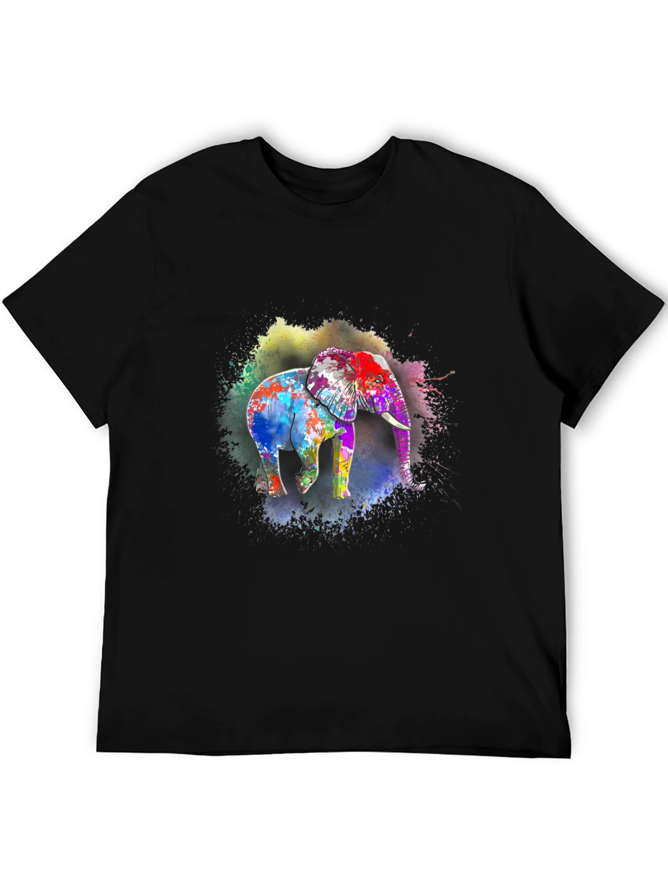 Vibrant Elephant Print Black T-Shirt