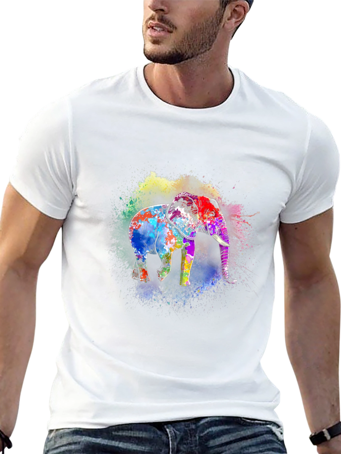 Vibrant Elephant Print Black T-Shirt