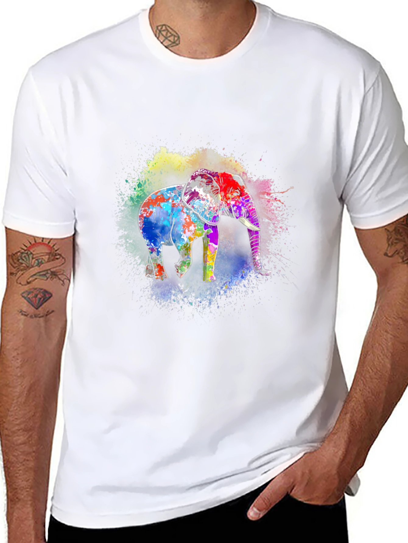 Vibrant Elephant Print Black T-Shirt