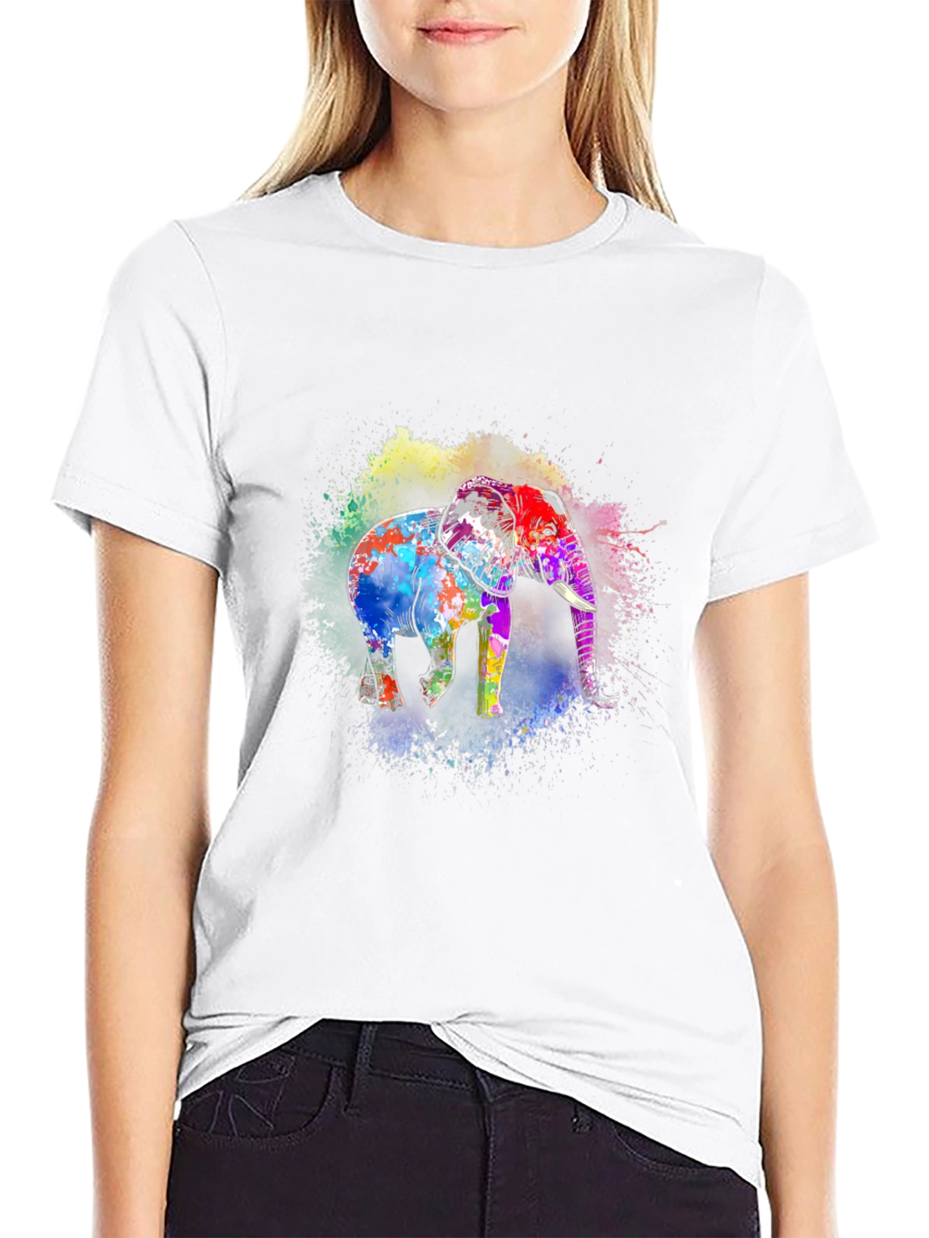 Vibrant Elephant Print Black T-Shirt