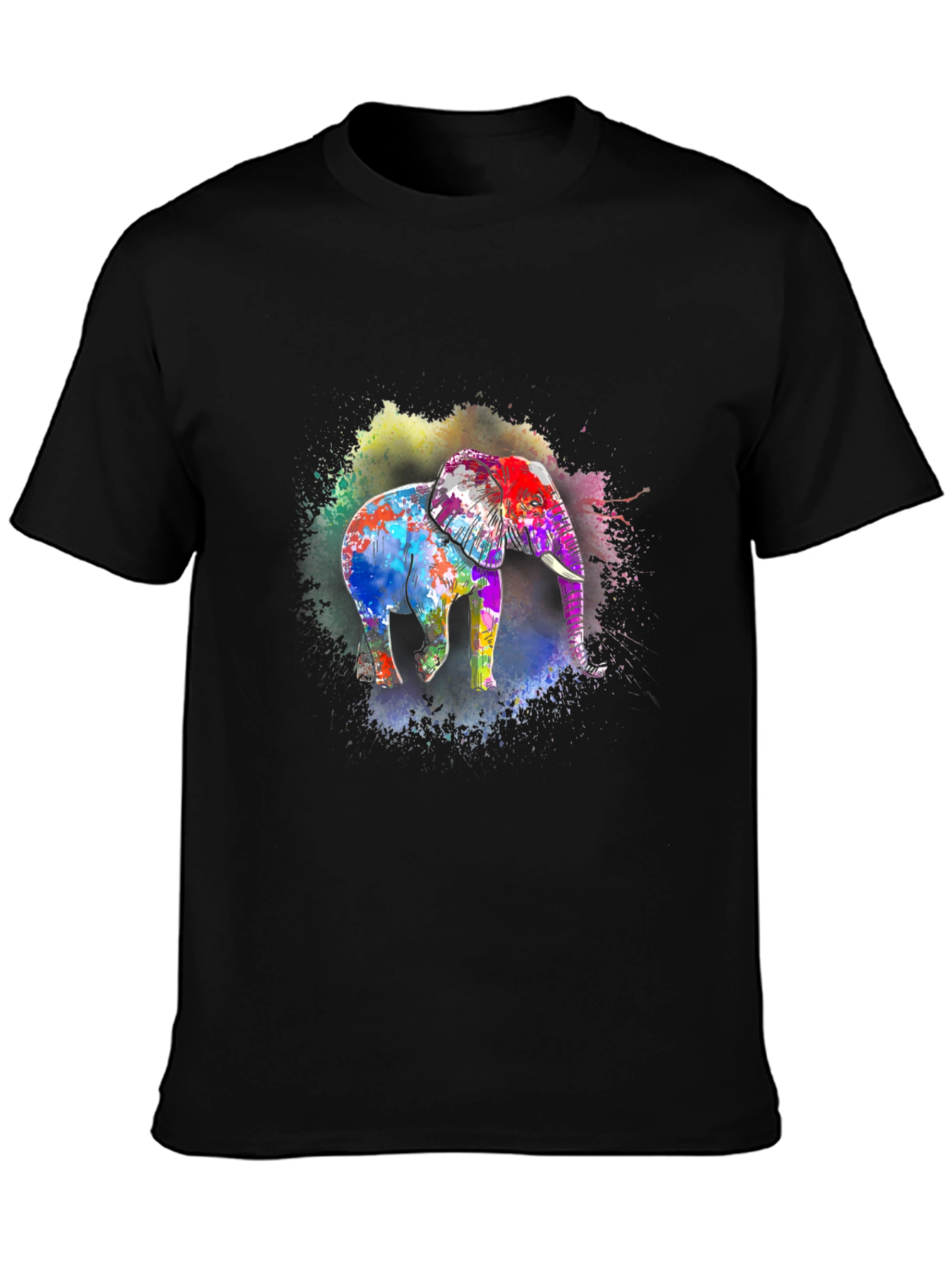 Vibrant Elephant Print Black T-Shirt