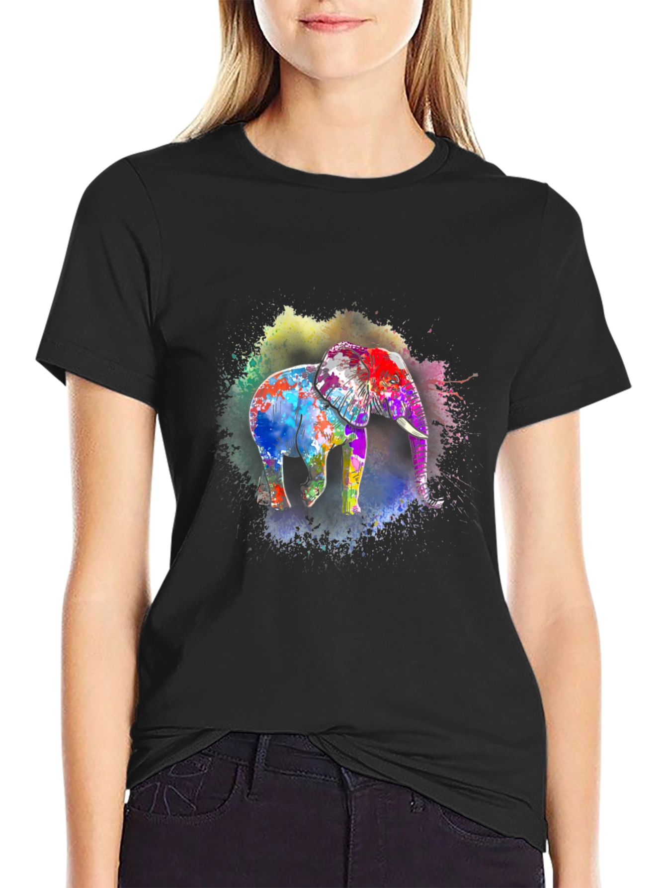 Vibrant Elephant Print Black T-Shirt