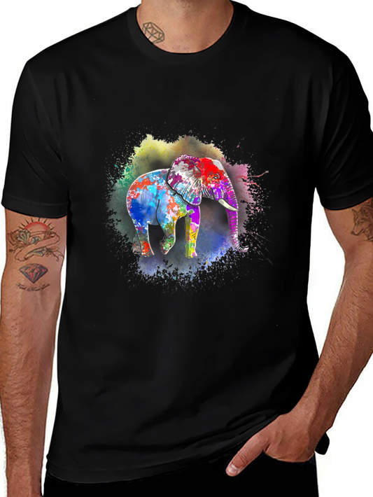 Vibrant Elephant Print Black T-Shirt