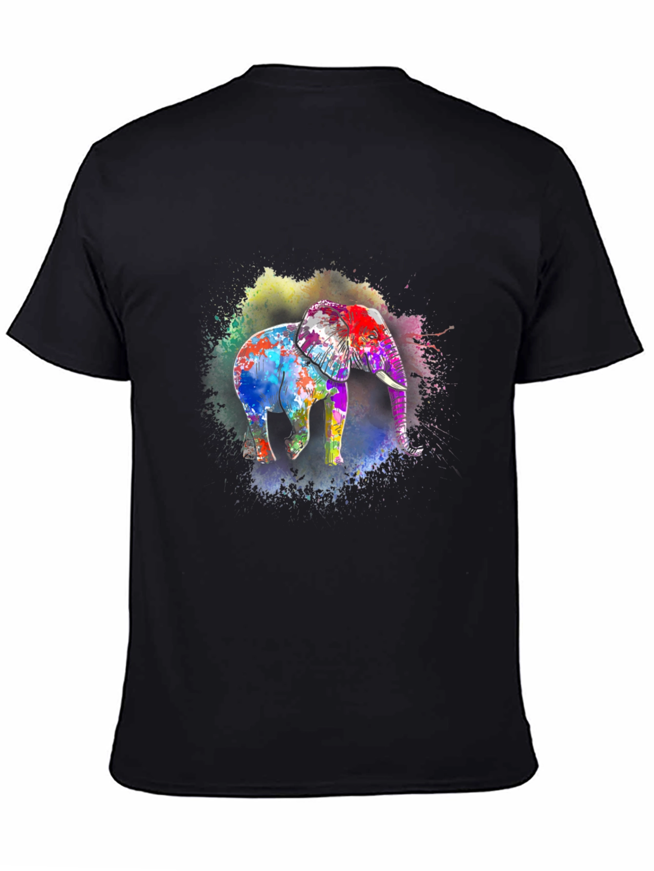 Vibrant Elephant Print Black T-Shirt