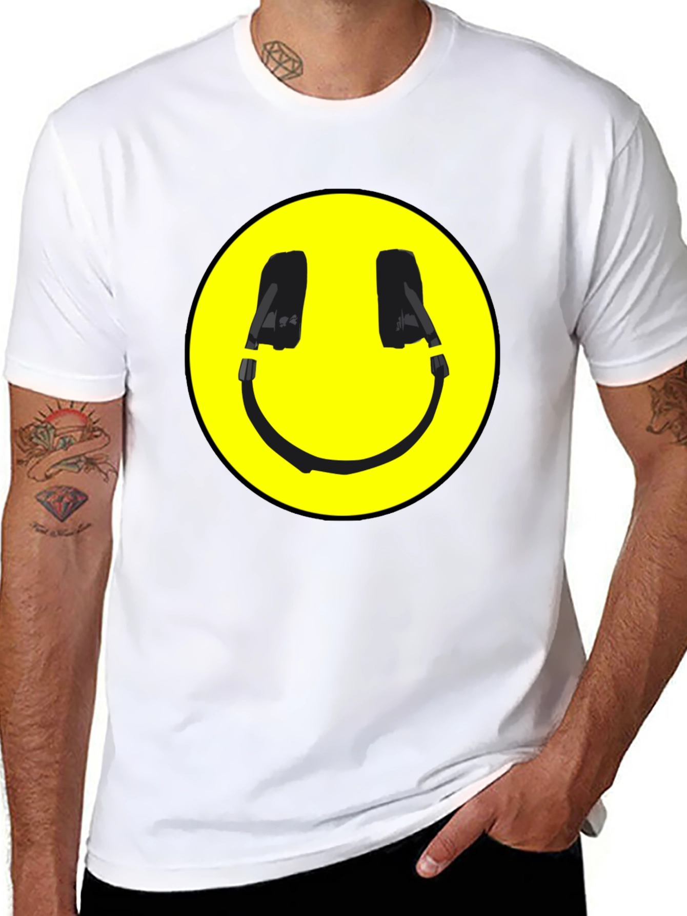 Smiley Face Headphone Graphic Black T-Shirt