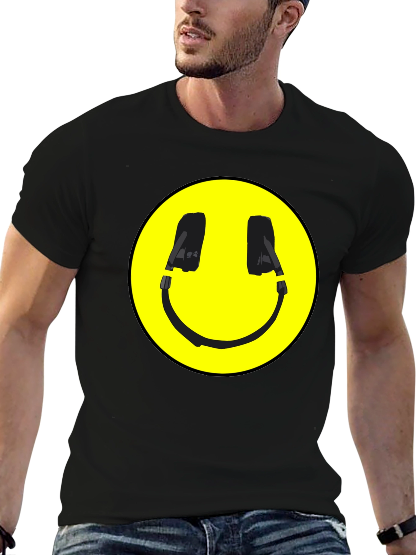 Smiley Face Headphone Graphic Black T-Shirt