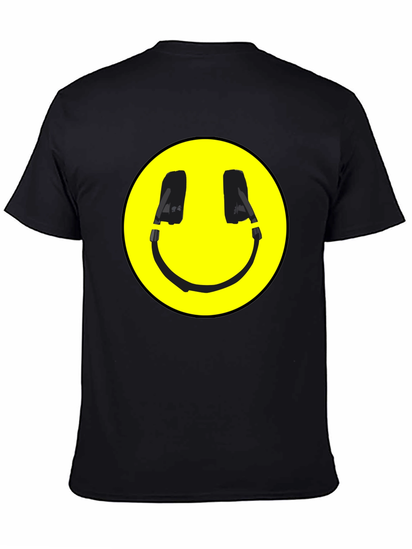 Smiley Face Headphone Graphic Black T-Shirt
