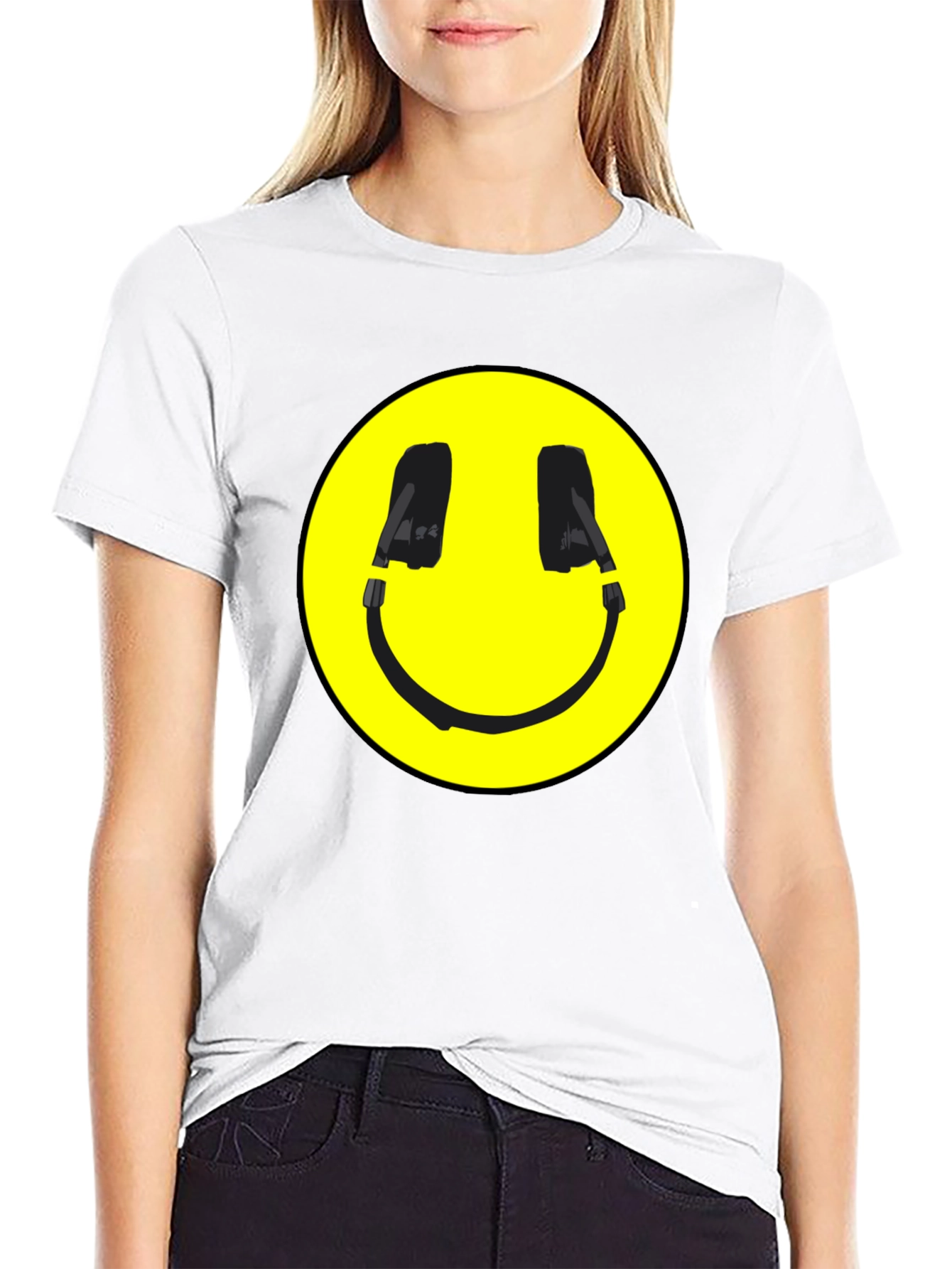 Smiley Face Headphone Graphic Black T-Shirt