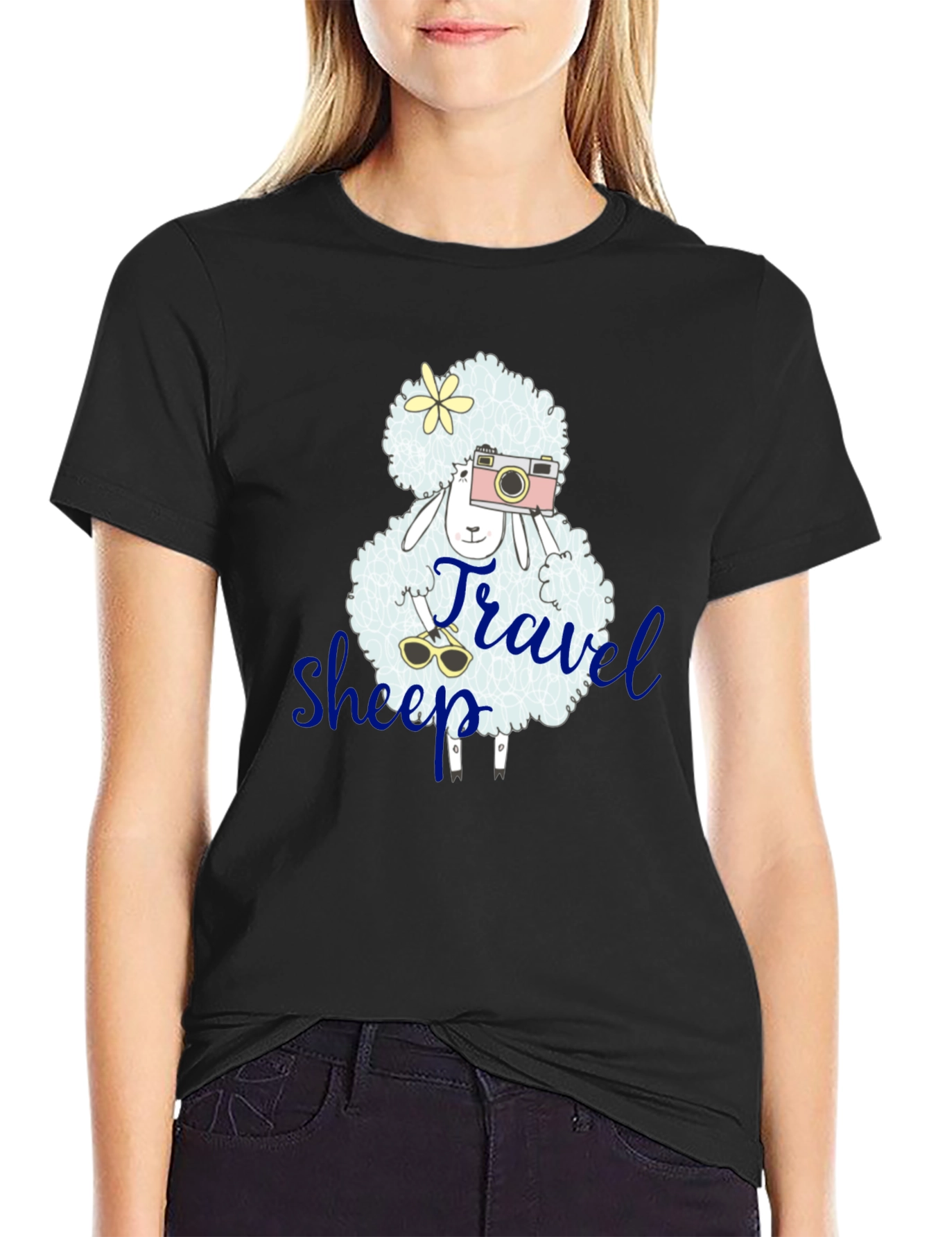 Travel Sheep Graphic Tee - Black Cotton T-Shirt