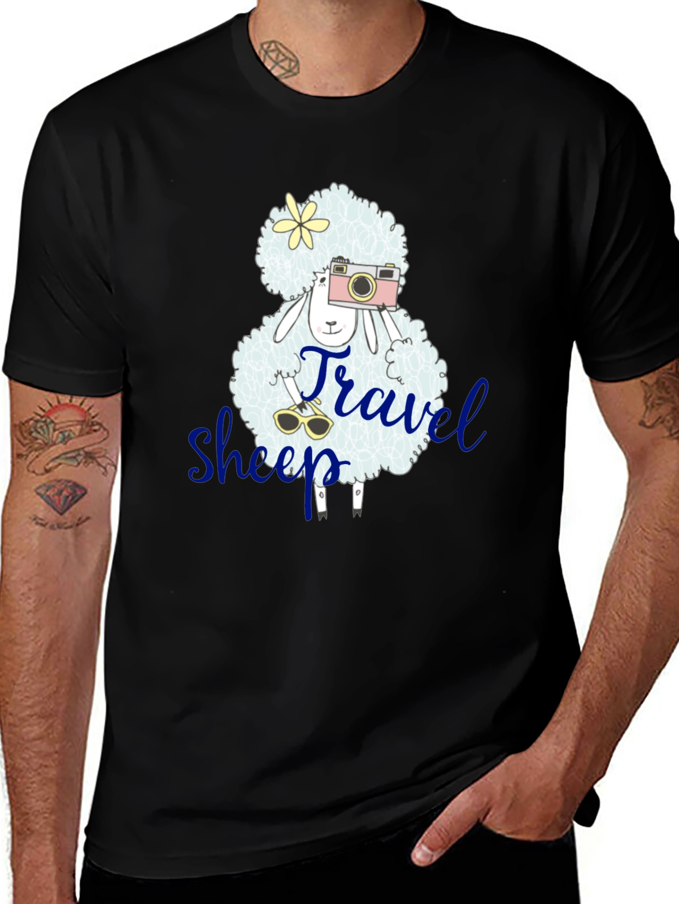 Travel Sheep Graphic Tee - Black Cotton T-Shirt
