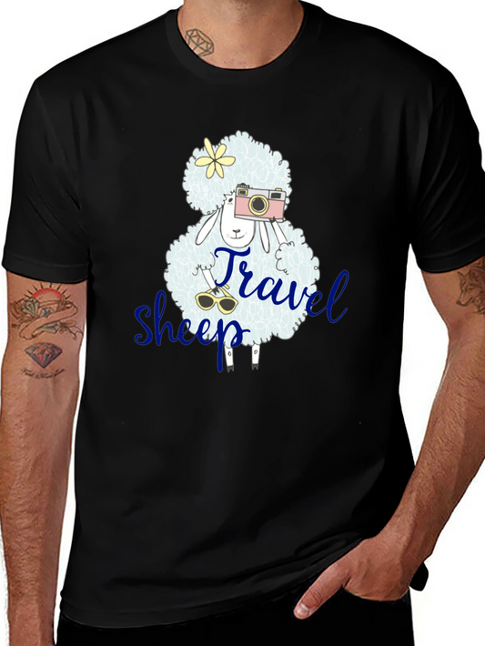 Travel Sheep Graphic Tee - Black Cotton T-Shirt