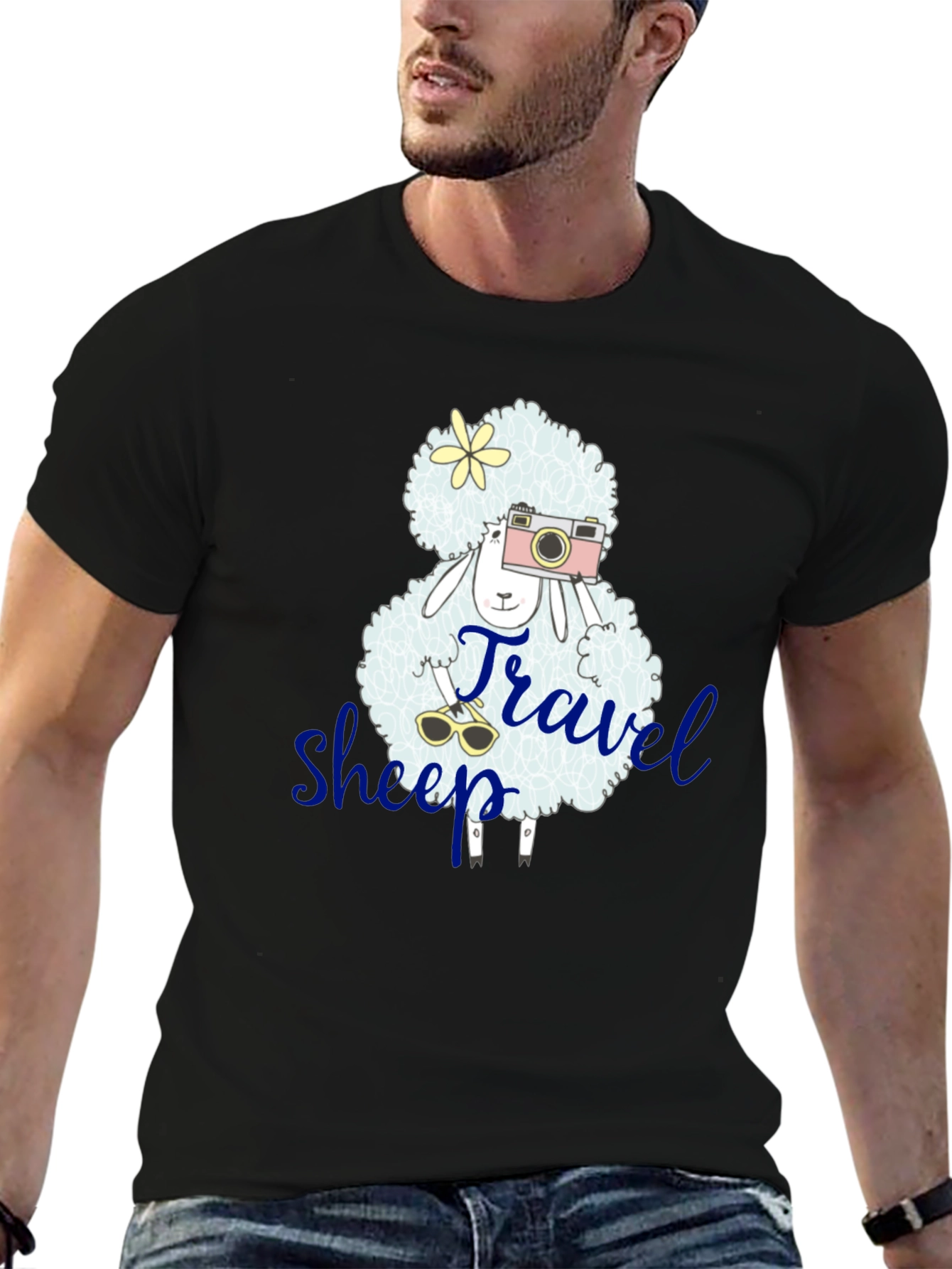 Travel Sheep Graphic Tee - Black Cotton T-Shirt