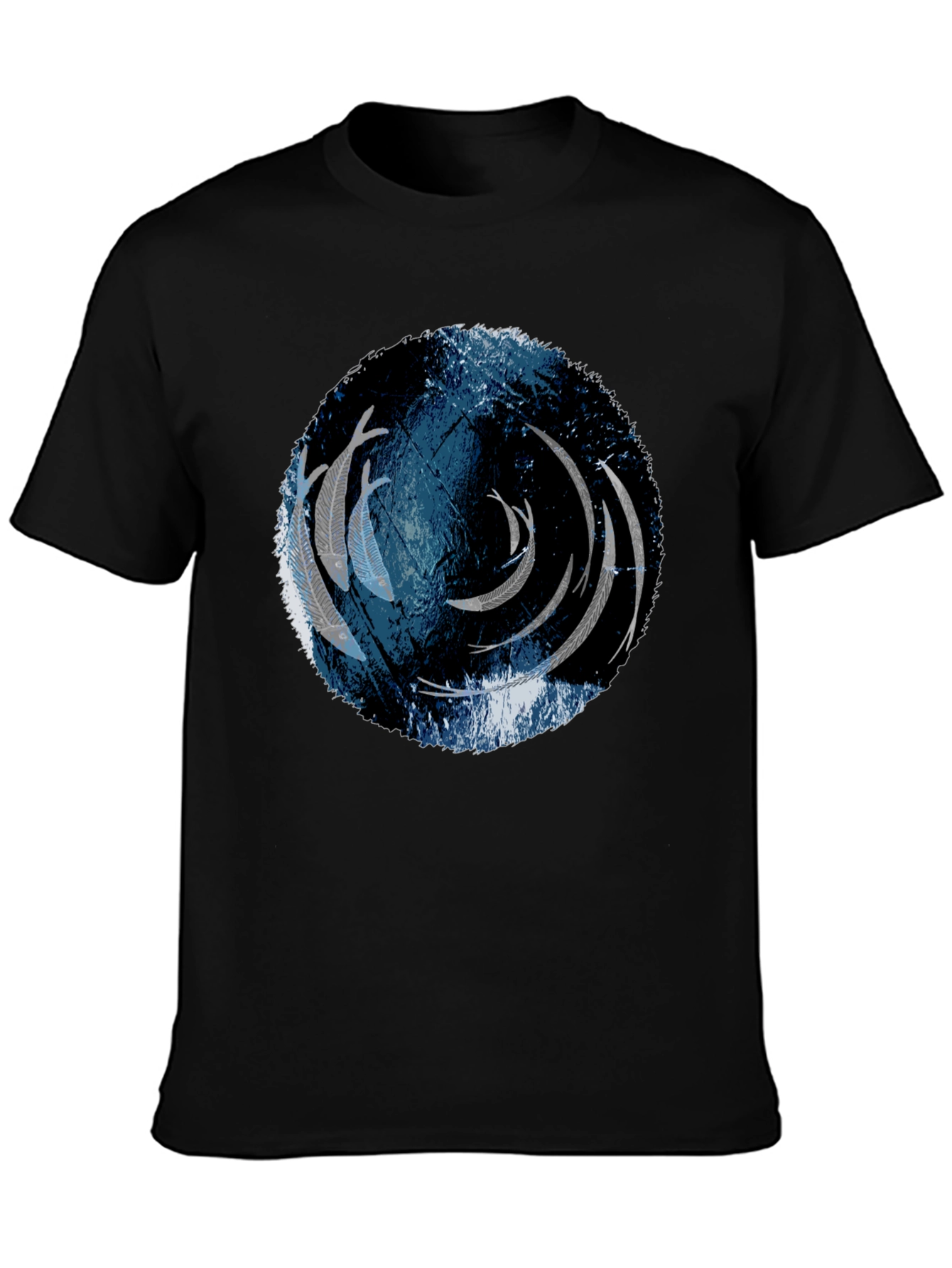 Unique Circle Fish Graphic Black T-Shirt