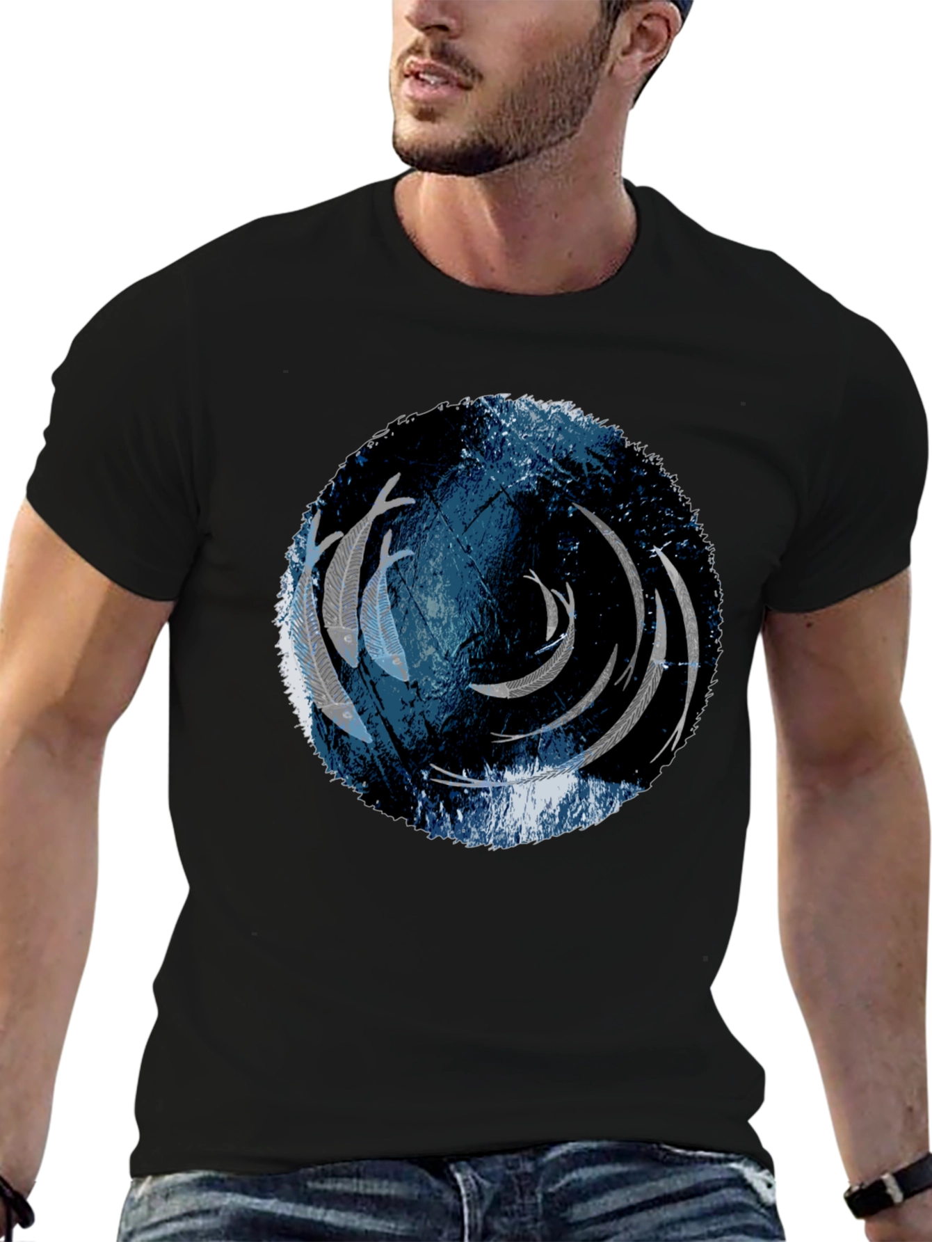 Unique Circle Fish Graphic Black T-Shirt
