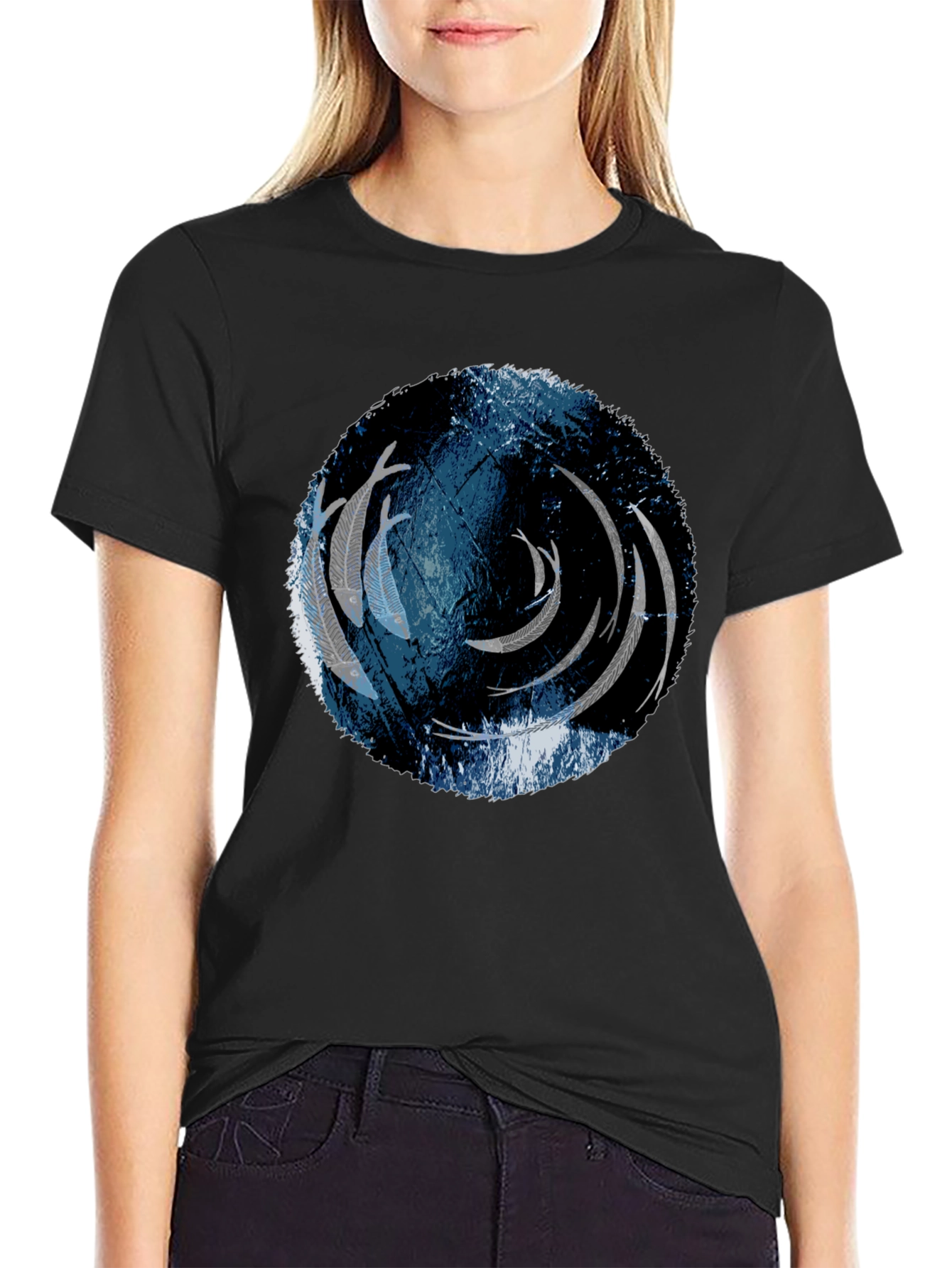 Unique Circle Fish Graphic Black T-Shirt