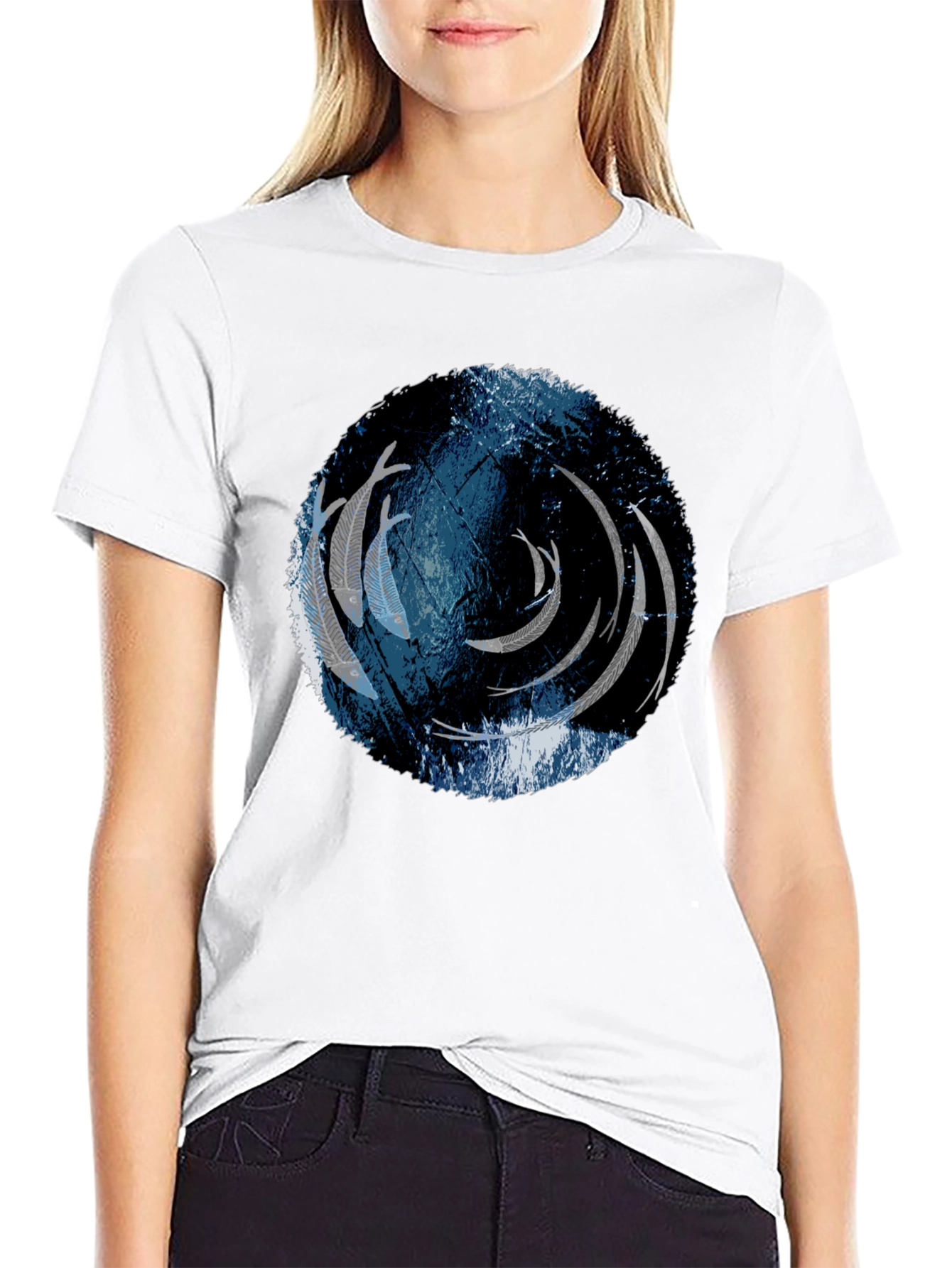 Unique Circle Fish Graphic Black T-Shirt