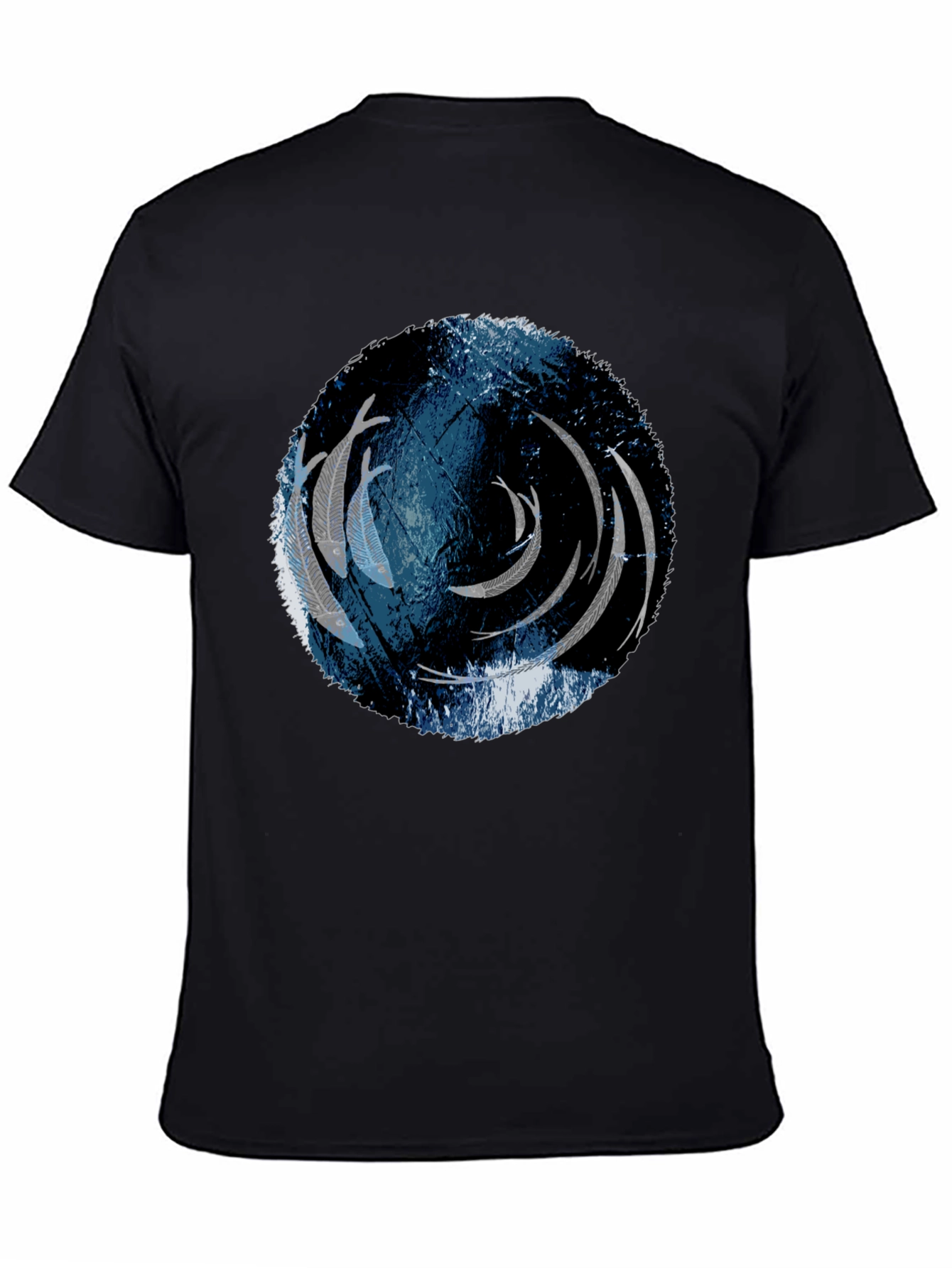 Unique Circle Fish Graphic Black T-Shirt