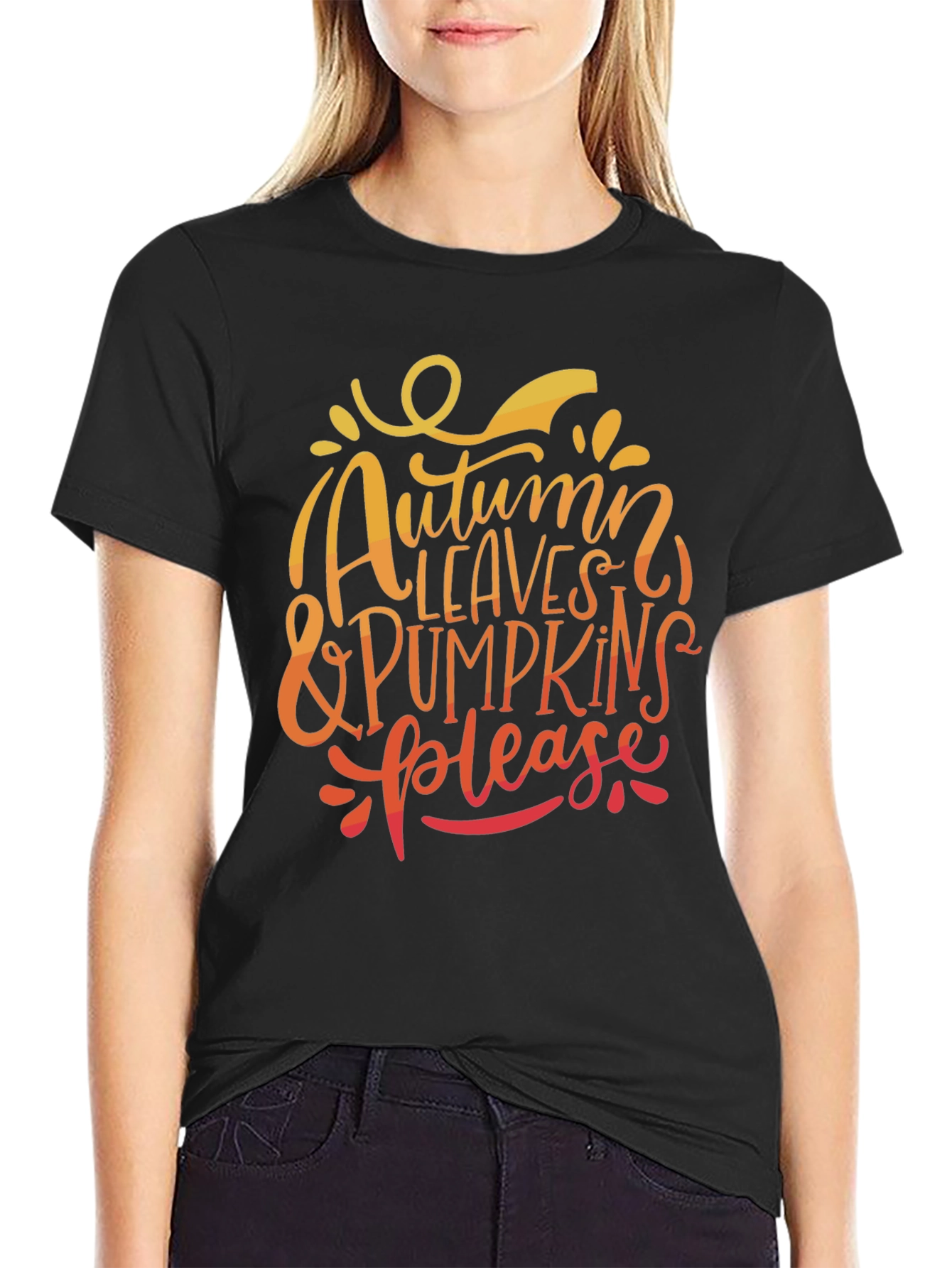 Autumn Leaves & Pumpkins Please Black T-Shirt