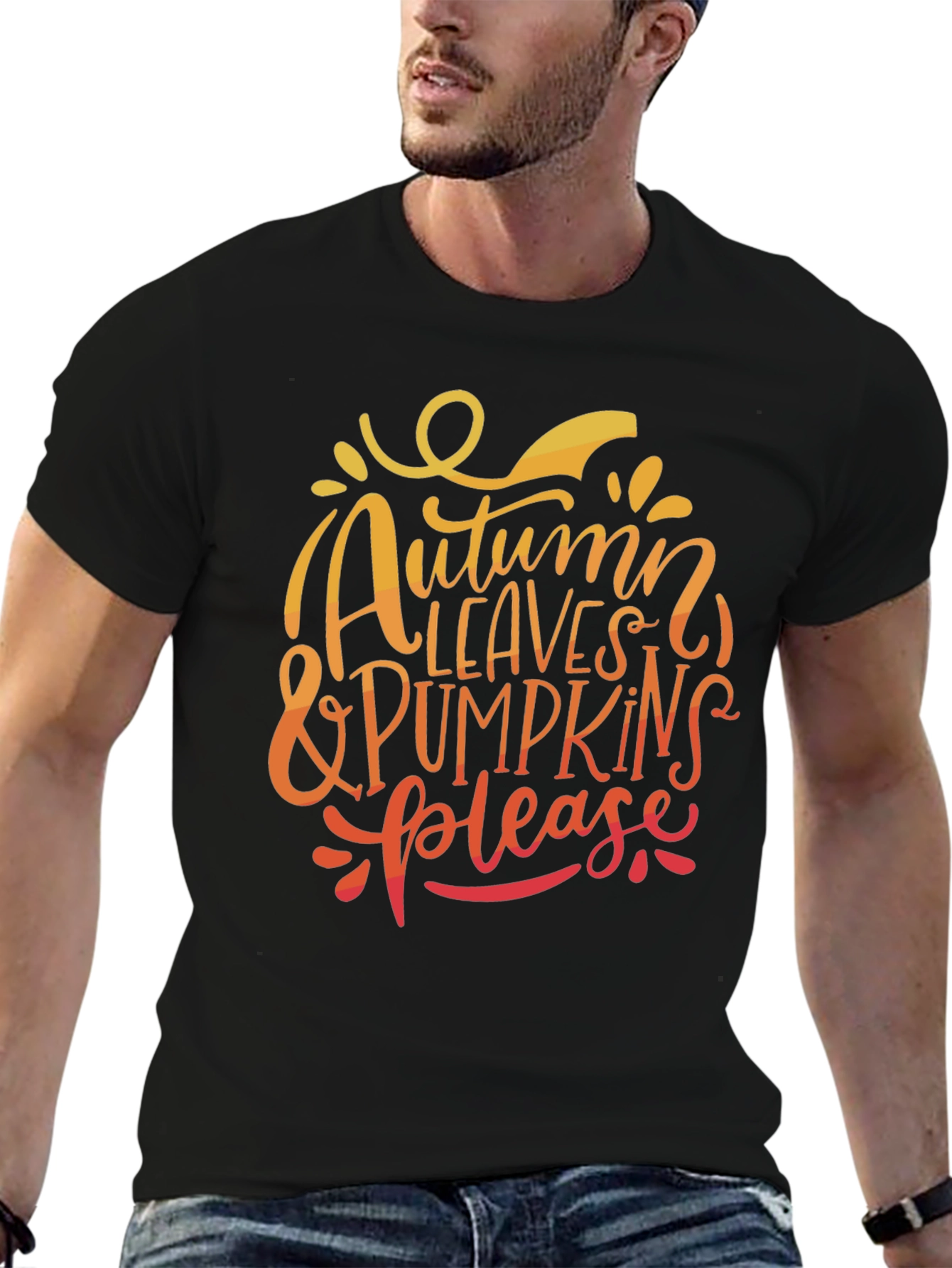 Autumn Leaves & Pumpkins Please Black T-Shirt