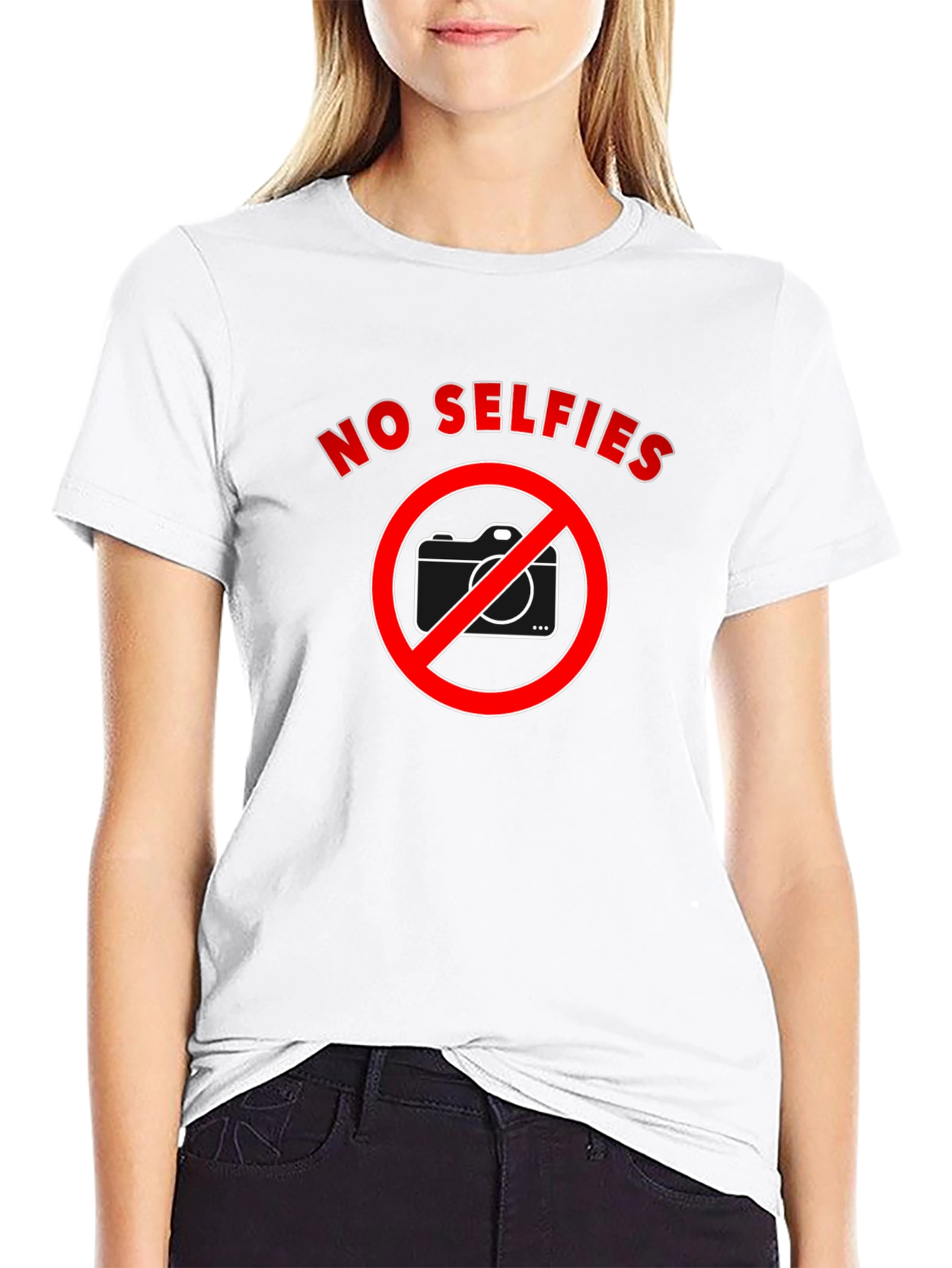 No Selfies T-Shirt - Black Cotton Crew Neck