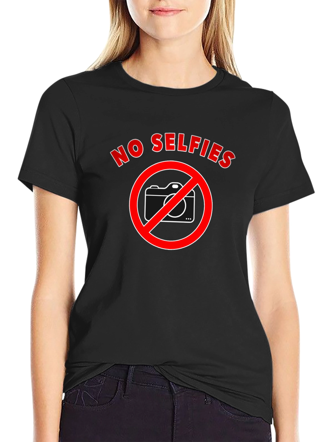 No Selfies T-Shirt - Black Cotton Crew Neck